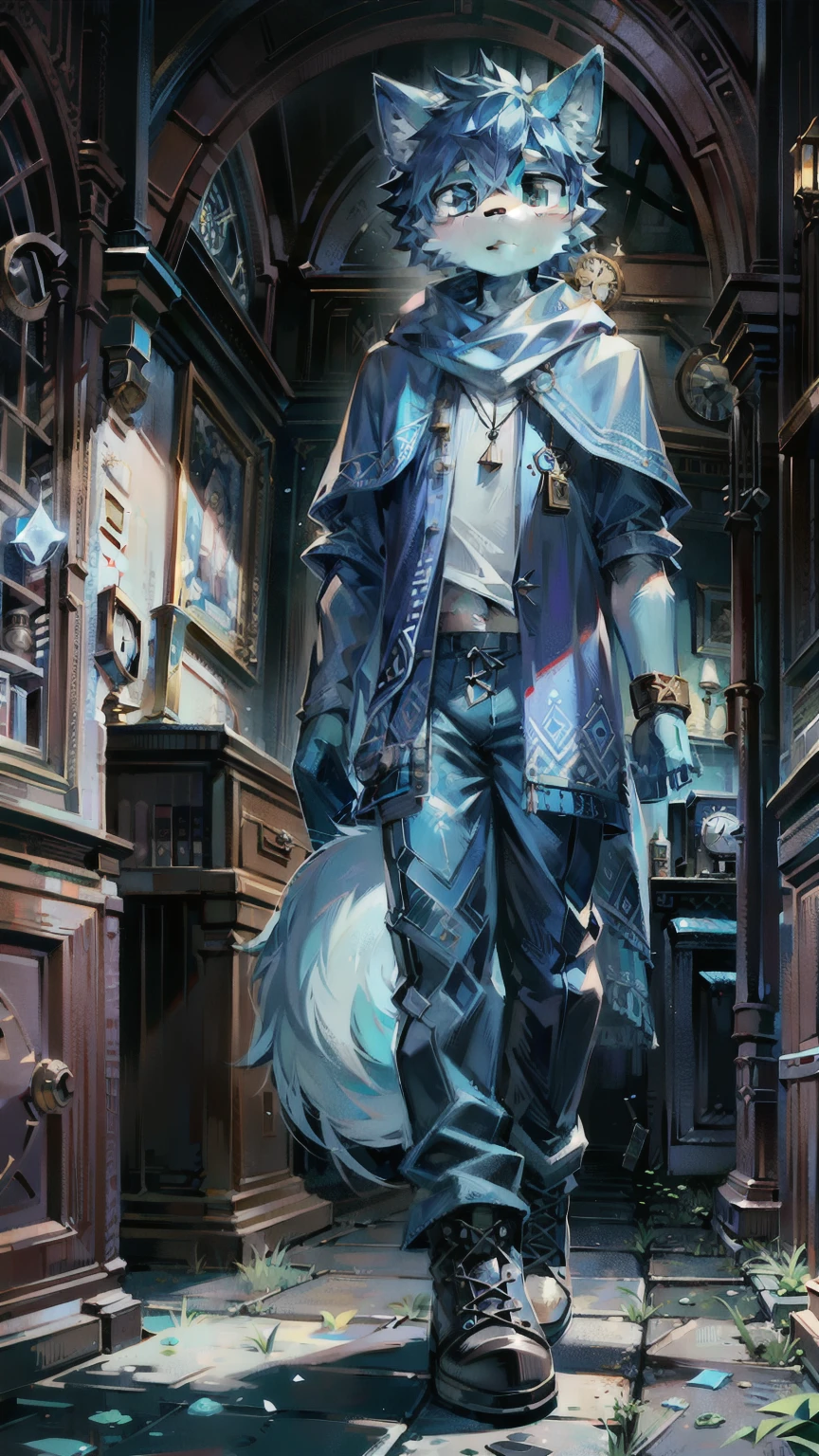 Two-dimensional cuteness,Furry Characters,A blue wolf is checking the time,Proud,indifferent,Light blue clothes,Dark blue pants,Cotton boots,Compass in hand,Blue eyes looking at the compass in hand,There is a clock pattern in the middle of the clothes,male,best quality,Handheld compass,Blue shawl,There is fluff on the shawl,clock,