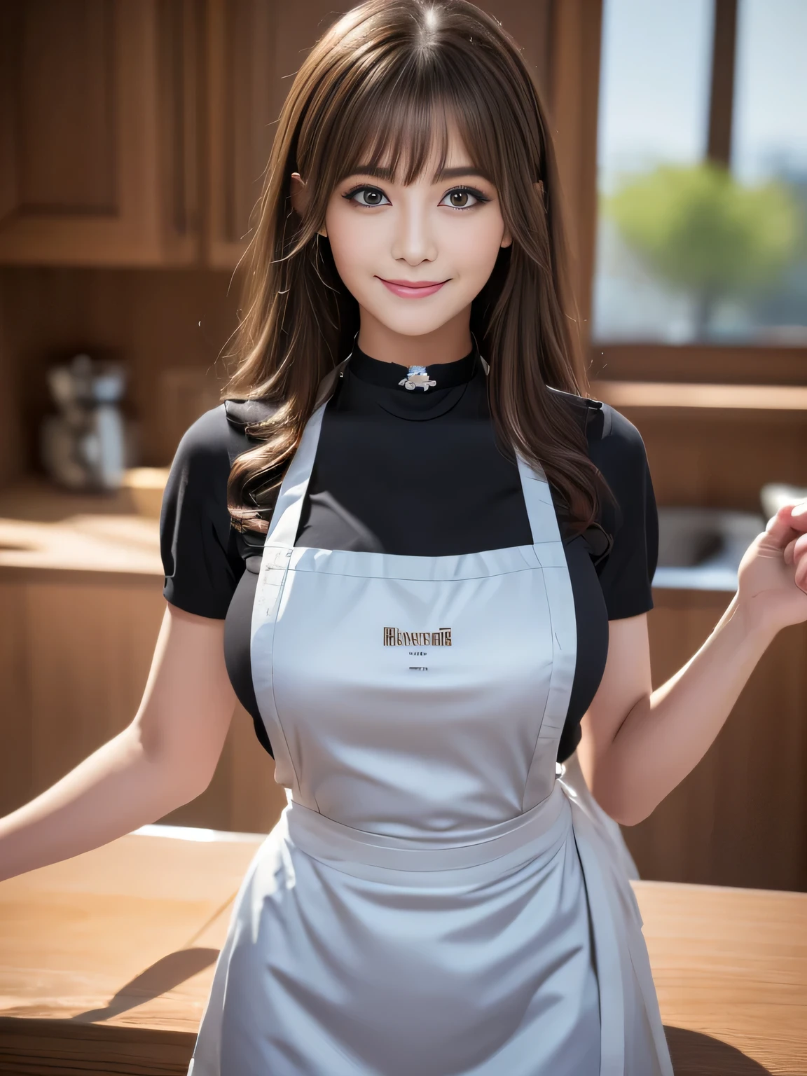 ((highest quality, 8K, Representative works in detail, Ultra-high resolution)), (Watching the audience), (Cowboy Shot), Attractive woman, ((big breasts)),  smile, ((Black choker)), Slim figure, (Blue Eyes), Long eyelashes, bangs, Beautiful shiny brown hair, Nogizaka Idol, Slim face、((waitress, apron))，cafeteria