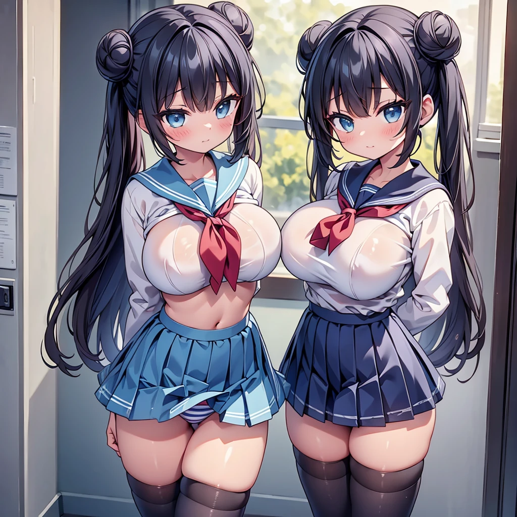 highest quality,wonderful,finely,extremely detailed CG Unity 8K wallpaper, (1 girl, Black Hair, double bun), (Light blue striped underwear:1.3), (huge breasts:1.1),(sailor uniform:1.3), (bra lift:1.2), (zettai ryouiki:1.4)