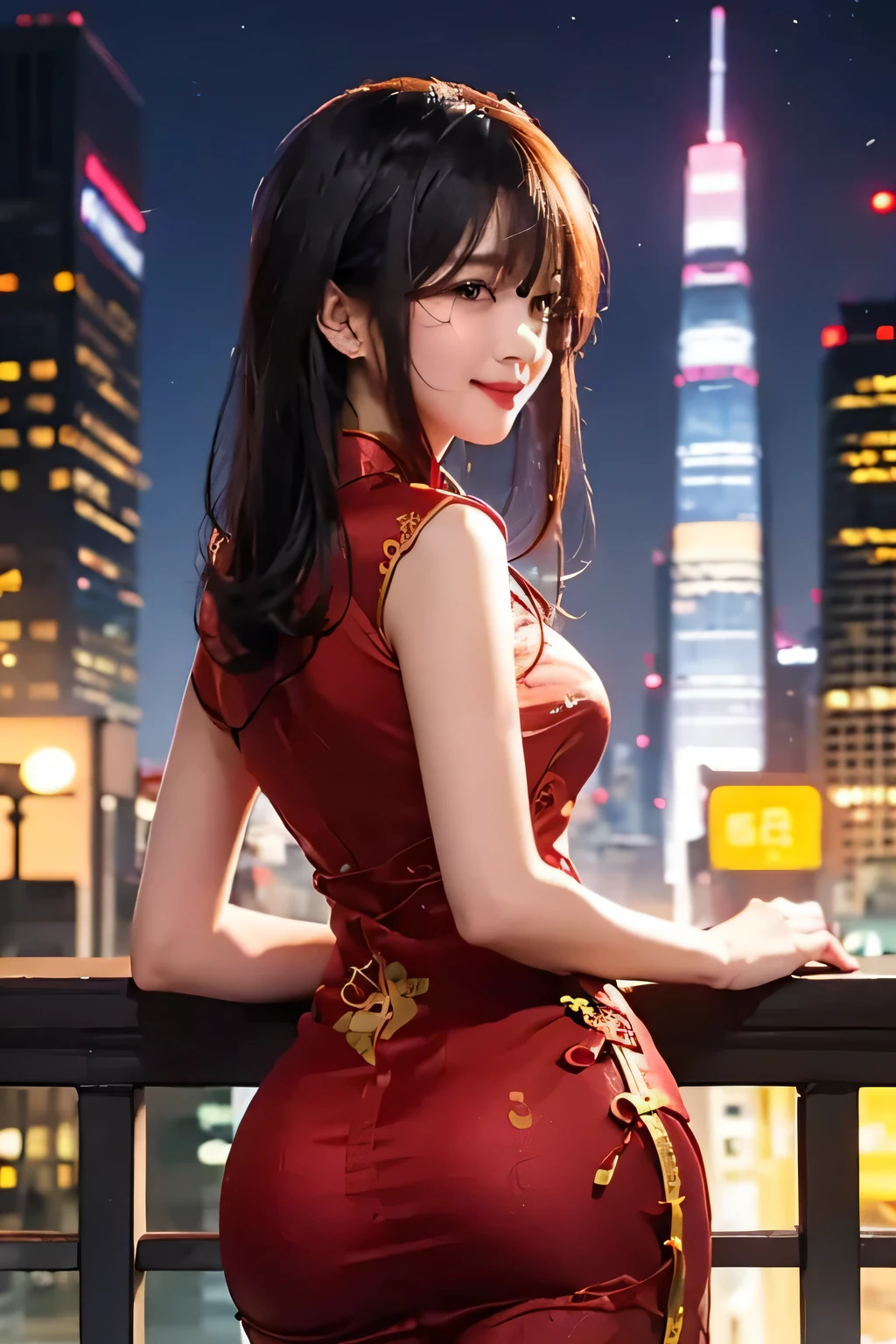 woman,20-year-old,city,night,(((elaborate long bare-backed cheongsam))), smile,((black hair)),blush,((turn around and look back at viewer)),perfect proportions