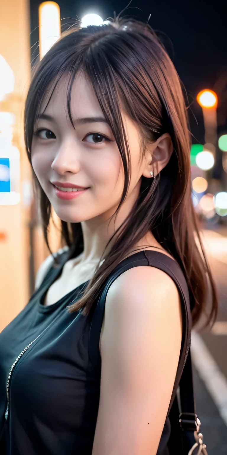 1 Girl, Tokyo Street,night, Streetscape,City lights,Upper Body,close,smile,, (8K, Raw photo, highest quality, masterpiece:1.2),(Realistic, photo-Realistic:1.37),