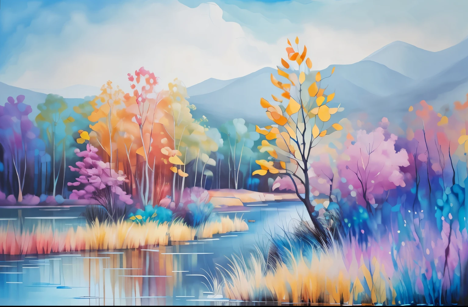paisaje, A bird on a dry branch., Al fondo, a lake and nearby trees around, pintura con alcohol y pintura mezclada de empaste., burst,
yang08k, hermoso, Colorante,
Trabajos primarios, mejor calidad, mejor calidad, Arte Oficial, hermoso y estetico,