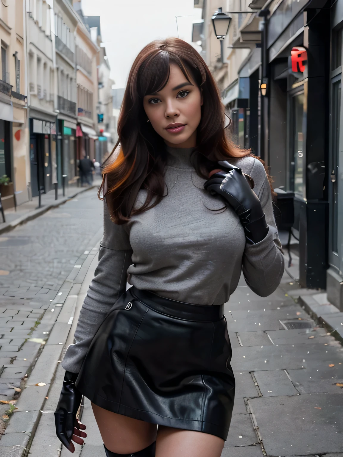 proFessional portrait photograph oF a gorgeous Bettie Page girl in winter clothing with long wavy red hair, sultry Flirty look, gorgeous symmetrical Face, joli maquillage naturel, wearing elegant warm winter Fashion clothing, ((debout dehors dans une rue enneigée de la ville)), (( soft grey leather gloves )) (( grey skirt)) superbe environnement urbain moderne, ultra realistic, art conceptuel, elegant, Very detailed, complexe, sharp Focus, depth oF Field, F/1. 8, 85mm, Coup moyen, midplane, (((proFessionally color graded))), bright soFt diFFused light, (volumetric Fog), tendance sur Instagram, hdr 4k, 8K