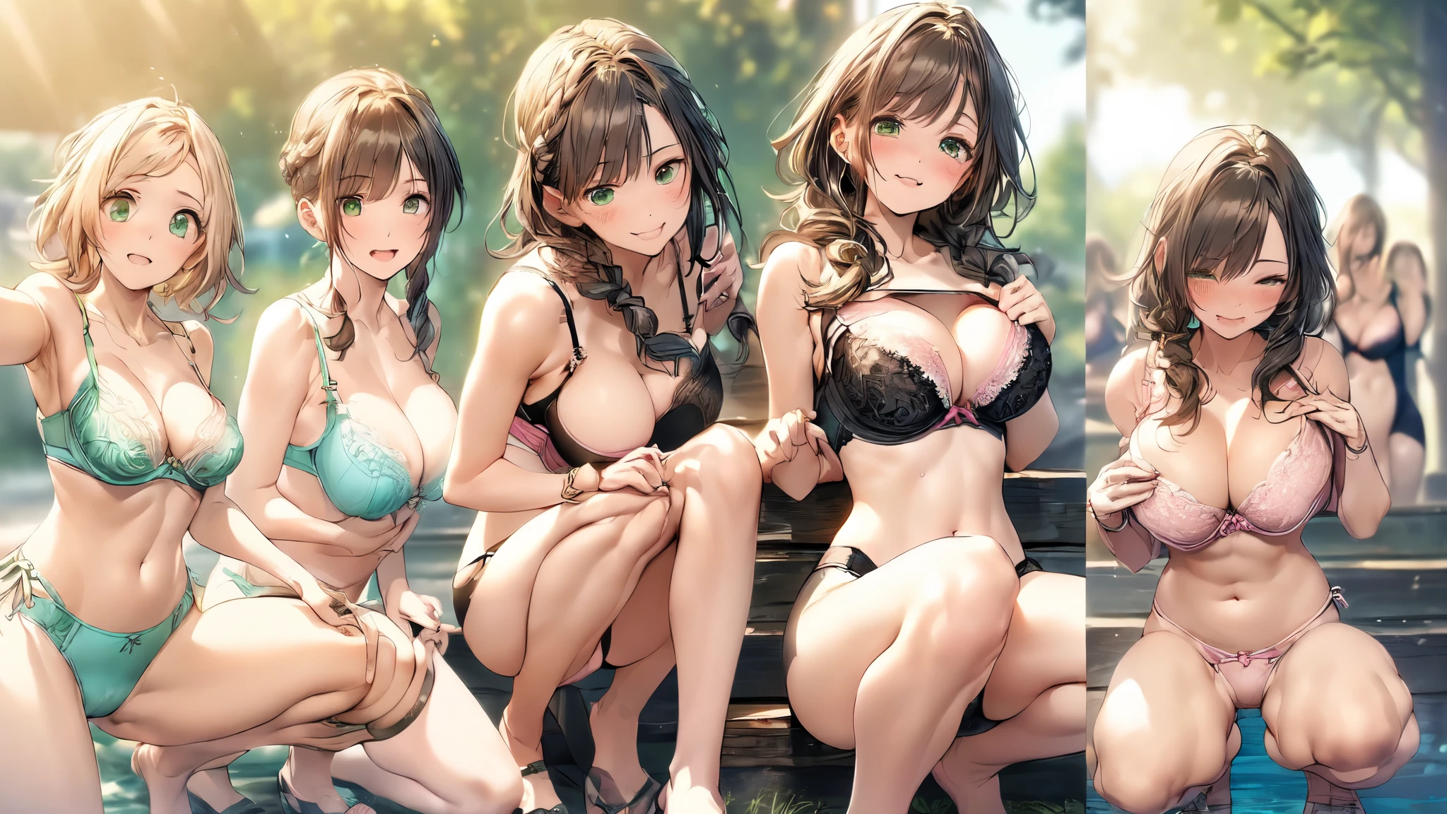 nswf:1.1,((masterpiece, highest quality, High resolution, 超High resolution, Pixel Perfect, Written boundary depth, 4k, RTX, human development report))), 1 girl, single, alone, beauty、View the whole body、(masterpiece: 1.2, highest quality, masterpiece, Clearer images), (Bright colors), ((Take clear photos even from a distance)), (Multiple Girls), (Harem),(School classmates), (field),(()), (cute Japanese((6 girls), (((infant' Face))), ((Group shot)), ((Group selfie)),Wide-angle, Soft Light, (Slightly larger breasts), ((viewers love it)), Landscape、((breast grab:1.3)),(((bra lift:1.2)))、((Green Eyes, Beautiful eyelashes, Realistic eyes)), ((Detailed face, blush:1.2)), ((Smooth texture:0.75, Vibrant质感:0.65, Vibrant:1.1, Anime CG Style)), Medium breast, Perfect body, Beautiful curves、beautiful legs、thin、smile, attractive way to sit, Aerith Gainsborough, Hair Ribbon, bracelet, brown hair, Side Lock, Parted bangs, Green Eyes, Braid, (((Transparent swimsuit))),(((transparent swimsuit))),(Sit with your legs apart), ((((Squatting pose)))), (Her legs were spread), (I was made to sit on the floor with my legs apart..) ,Please sit facing me、 thin脚, ((((open legs:1.5)))、((breast grab:1.3)),(((bra lift:1.2)))、one eye closed、stick out one's crotch
