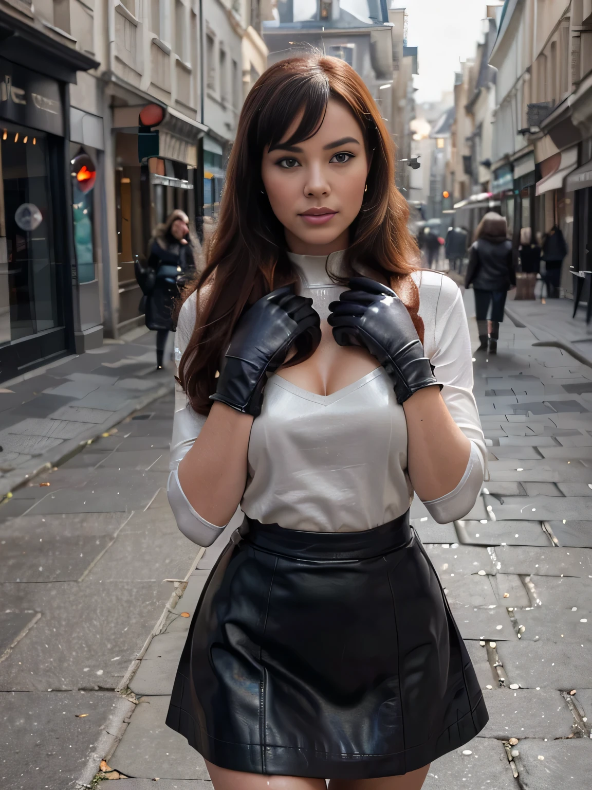 proFessional portrait photograph oF a gorgeous Bettie Page girl in summer time clothing with long wavy red hair, sultry Flirty look, gorgeous symmetrical Face, joli maquillage naturel, wearing elegant summer Fashion clothing, ((debout dehors dans une rue enneigée de la ville)), (( soft black leather gloves )) (( grey skirt)) superbe environnement urbain moderne, ultra realistic, art conceptuel, elegant, Very detailed, complexe, sharp Focus, depth oF Field, F/1. 8, 85mm, Coup moyen, midplane, (((proFessionally color graded))), bright soFt diFFused light, (volumetric Fog), tendance sur Instagram, hdr 4k, 8K