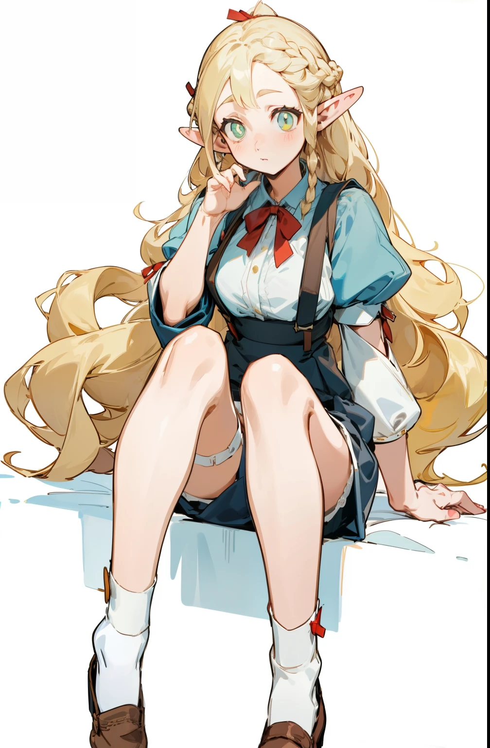 A girl wearing a hat and wearing JK,Straight Killer,(masterpiece, best quality) detailed,silver accessories , Blonde ,elegant, Pointed ears ,Lace underwear,Double tail,Waist-length hair,Smile,Star decoration,White lace socks,thorns,Rose,Vest line