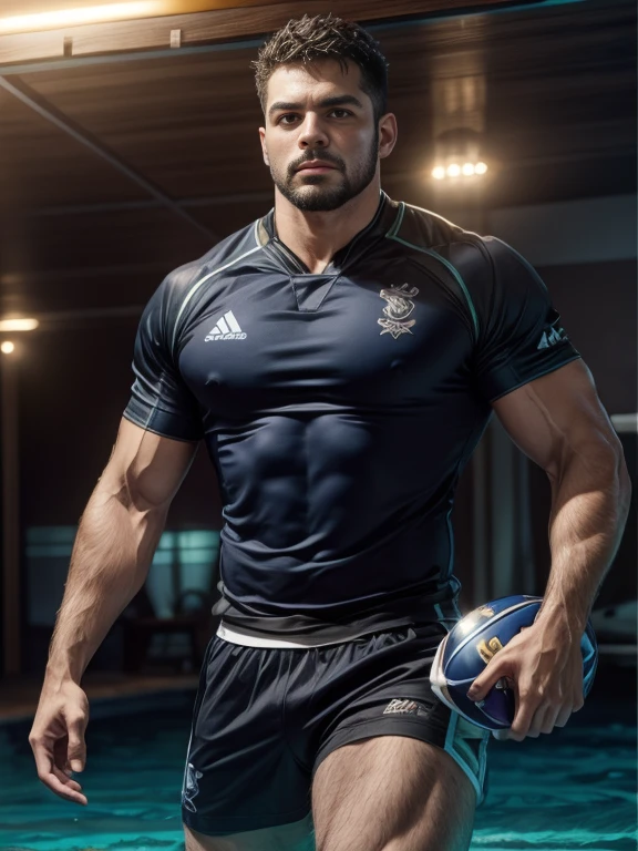 obra de arte, melhor qualidade, high resolution, retrato em close, macho focus, foco apenas, muscular, corpulento, peludo, macho, um homem, em um mar, with half the body submerged in water, behind a starry sky with a moon in the center, amazing composition, vista frontal, HDR, volumetric lighting, ultra qualidade, elegante, altamente detalhado