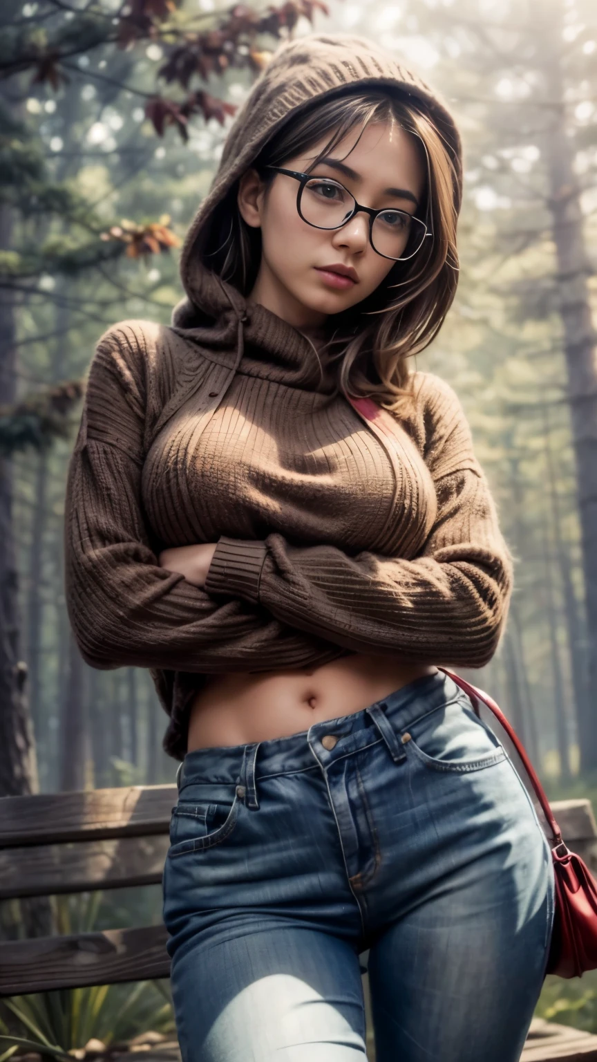 realistic, (enlargement:1.3, Exposed face), low angle, (seen from below), Japanese young woman wearing hood, (long sleeves (red sweater:1.2), oversized jeans), Surreal beautiful woman with dull blue eyes wearing glasses , natural sagging breasts, Highly detailed official illustrations, Beautiful girls with slim body and chest posture, long legs, cheese, (attractive possession:1.3, Cross your arms and lift your chest up), on the bench (nature foggy forest:1.2), nature background, Dubnitsky David fan art, realistic 초상화, soft realistic, Perfect visuals of cute girls, cute girls with soft faces, face focus, Makoto Shinkai and Artgerm, photon mapping, natural light, warm tones, vivid colors, cool surroundings, A misty atmosphere