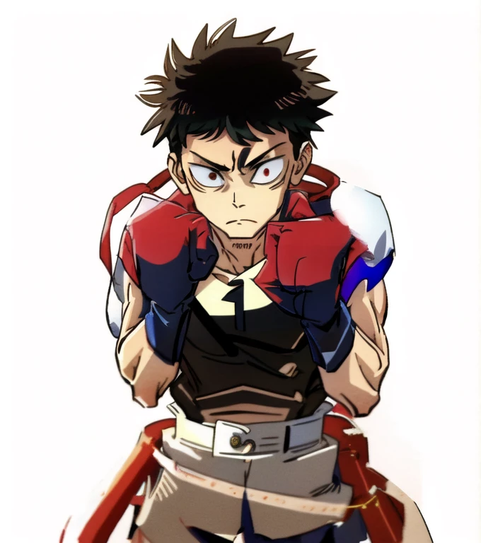 (Illustration, high resolution, best quality: 1.5, masterpiece, minimalist, simplistic detail, anime), solo: 2, fit male, adult male, upper body, half body portrait, shirtless: 2, boxer, boxing gloves, vox machina style, itadori yuji, blond: 1.5, shaded face, dark shade face, glowing eyes, 