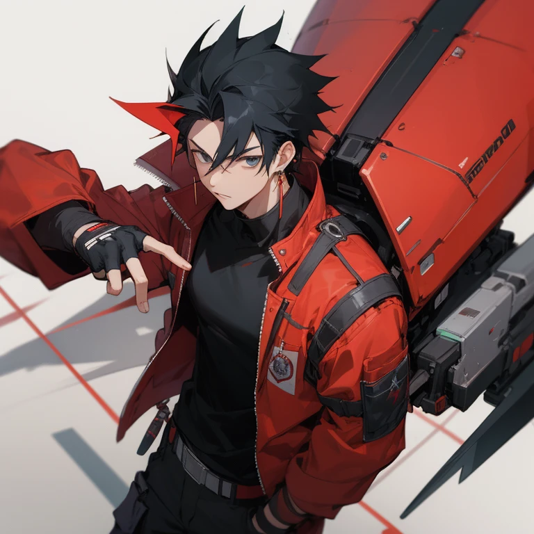 ((highest quality)), ((masterpiece)), (be familiar with), 1 male, alone, Black Hair,Spiky Hair,cargo pants,Red jacket,Black Shirt,Large size,Fingerless Gloves, cyber punk,SF,Pistol,Earrings