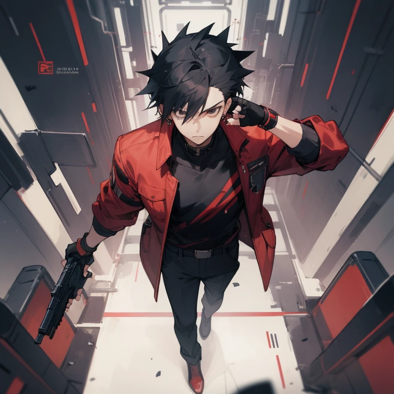 ((highest quality)), ((masterpiece)), (be familiar with), 1 male, alone, Black Hair,Spiky Hair,cargo pants,Red jacket,Black Shirt,Large size,Fingerless Gloves, cyber punk,SF,Pistol,Earrings