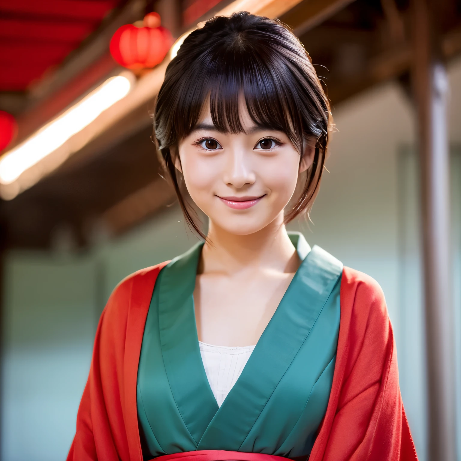 High-quality image of a beautiful Japanese female rakugo performer, facing forward with her gaze directly at the viewer. She has short hair and is wearing a simple, solid red kimono. The image captures her from above the chest, featuring a slight smile