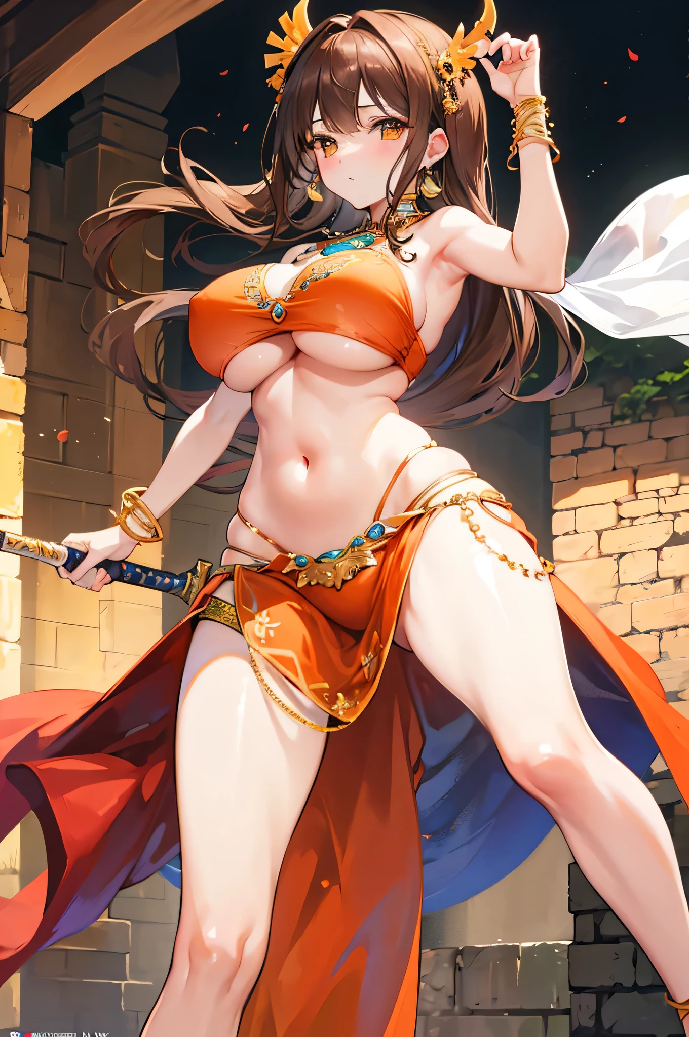 4k,High resolution,One Woman,brown hair,long hair,gigantic breasts,Dancer,Orange Arabian Dancer Dress,Belly button,Jewelry decoration,Long sword,Medieval castle town