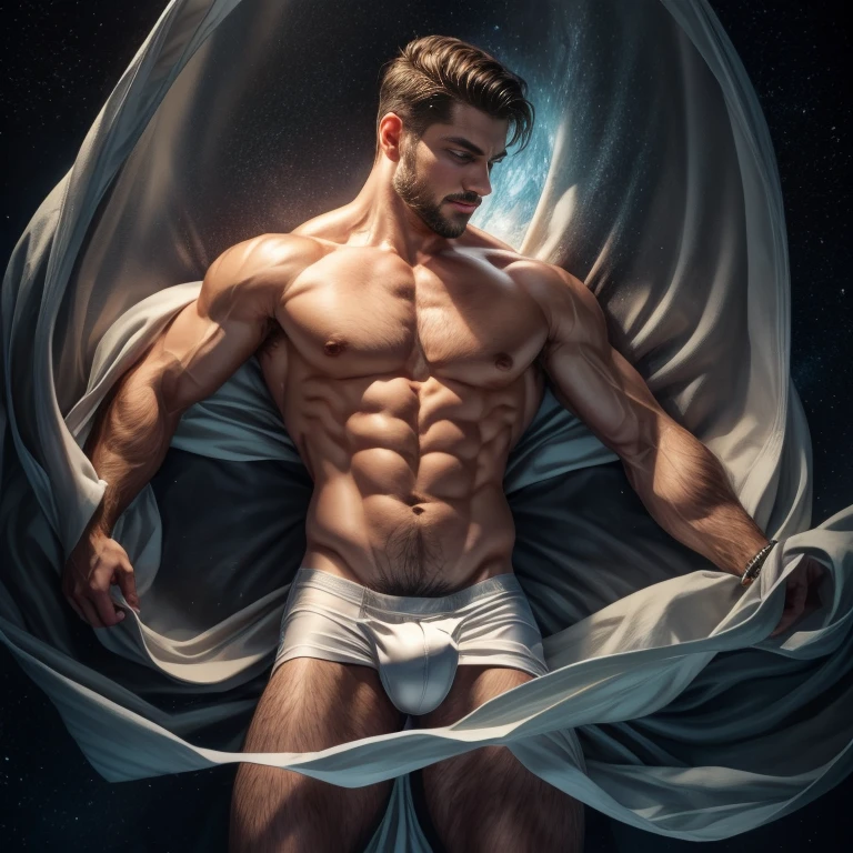 obra de arte, melhor qualidade, high resolution, retrato em close, macho focus, foco apenas, muscular, corpulento, peludo, macho, um homem, em um mar, with half the body submerged in water, behind a starry sky with a moon in the center, amazing composition, vista frontal, HDR, volumetric lighting, ultra qualidade, elegante, altamente detalhado