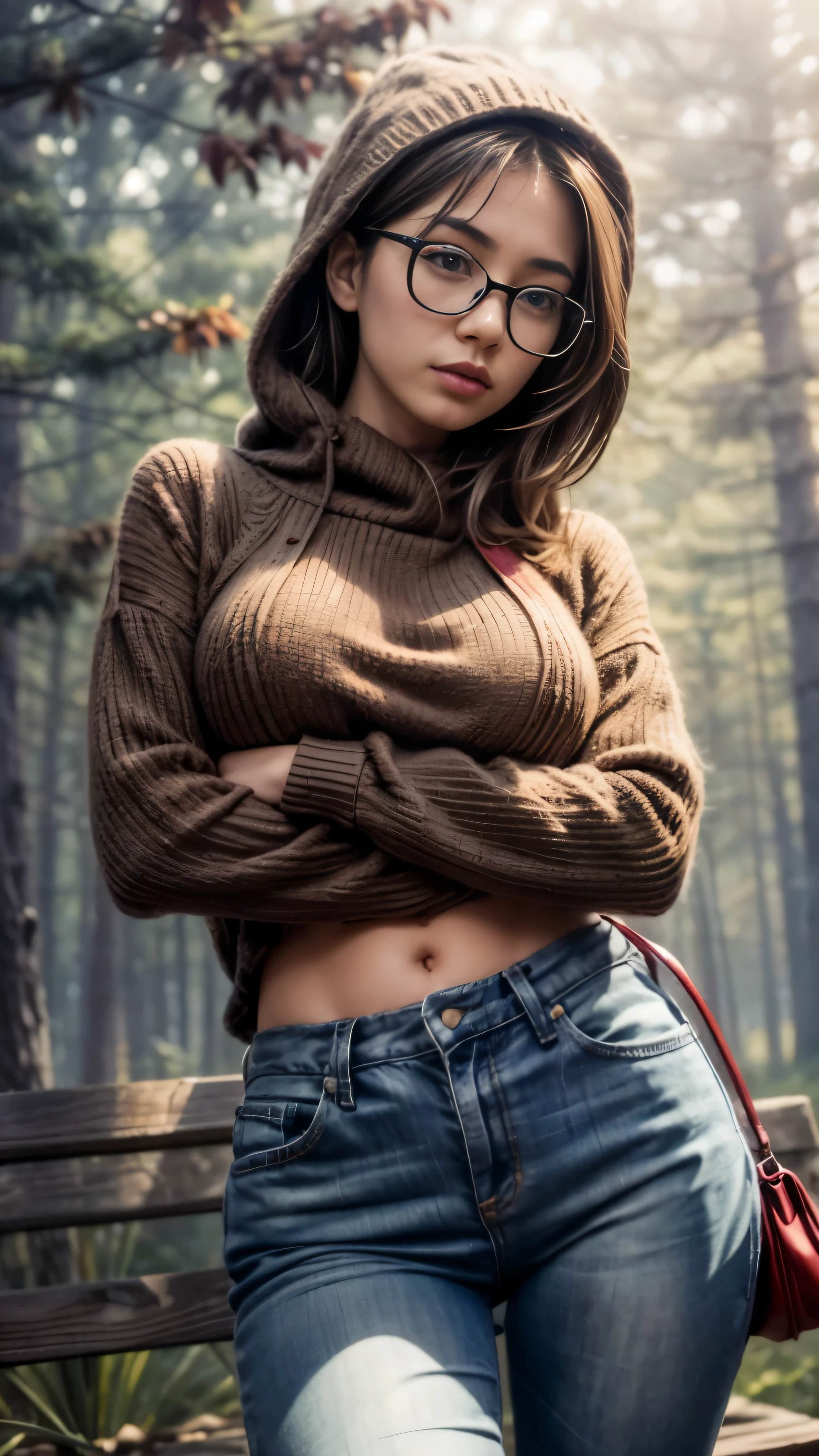 realistic, (enlargement:1.3, Exposed face), low angle, (seen from below), Japanese young woman wearing hood, (long sleeves (red sweater:1.2), oversized jeans), Surreal beautiful woman with dull blue eyes wearing glasses , natural sagging breasts, Highly detailed official illustrations, Beautiful girls with slim body and chest posture, long legs, cheese, (attractive possession:1.3, Cross your arms and lift your chest up), on the bench (nature foggy forest:1.2), nature background, Dubnitsky David fan art, realistic portrait, soft realistic, Perfect visuals of cute girls, cute girls with soft faces, face focus, Makoto Shinkai and Artgerm, photon mapping, natural light, warm tones, vivid colors, cool surroundings, A misty atmosphere