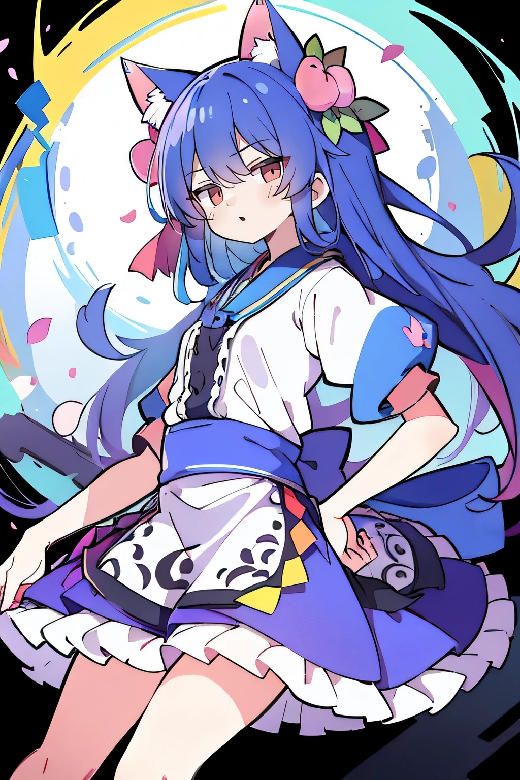 (masterpiece),best quality, expressive eyes, perfect face, 1girl,
Put your hands on your waist,fair, Gorgeous,Japanese cartoons,girl,lola,Hina Angel, blue hair, blue haired, floating clothes,Grab your waist, Grab your waist, hands on hips , hands on hips,sit, sit on ground, Legs on the ground, flat chest,cat ears,Petals fall,red eyes,gentle face,