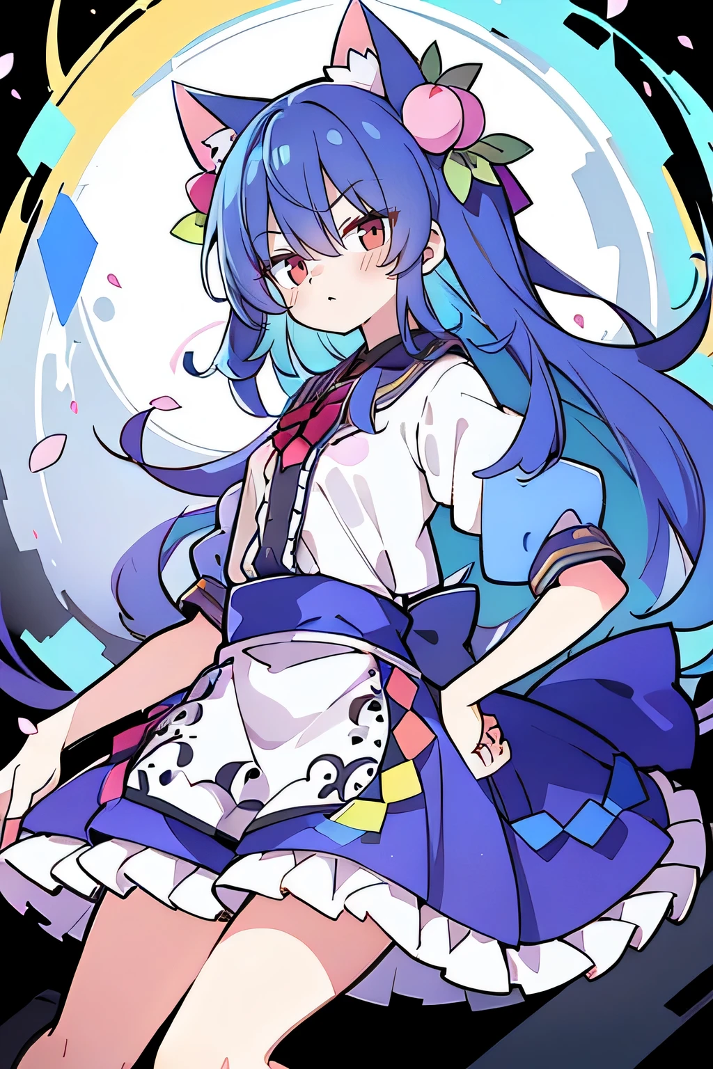 (masterpiece),best quality, expressive eyes, perfect face, 1girl,
Put your hands on your waist,fair, Gorgeous,Japanese cartoons,girl,lola,Hina Angel, blue hair, blue haired, floating clothes,Grab your waist, Grab your waist, hands on hips , hands on hips,sit, sit on ground, Legs on the ground, flat chest,cat ears,Petals fall,red eyes,gentle face,