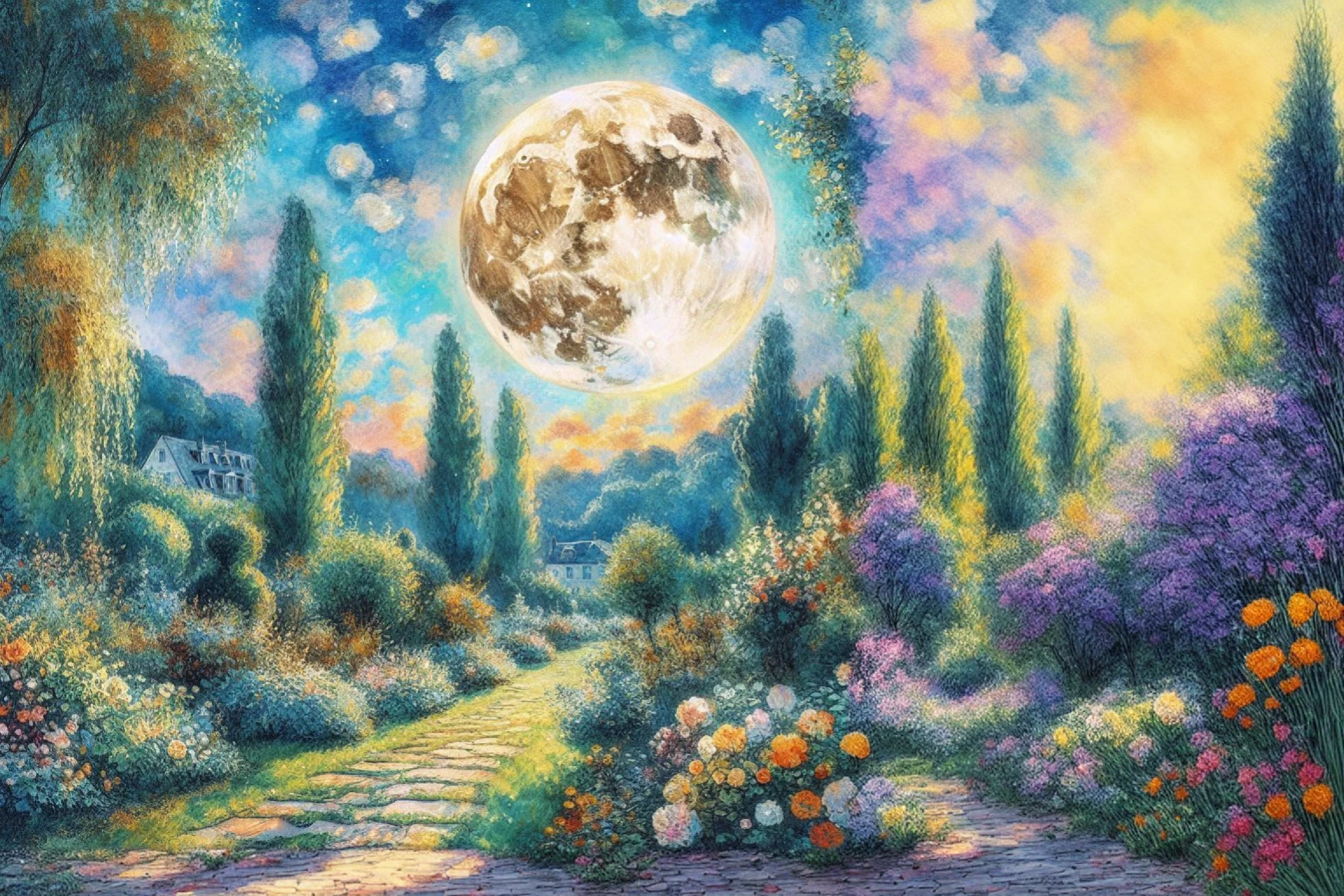 full moon over the garden at noon. Art. Painting. Watercolor. Monet Painting style. Beautiful.