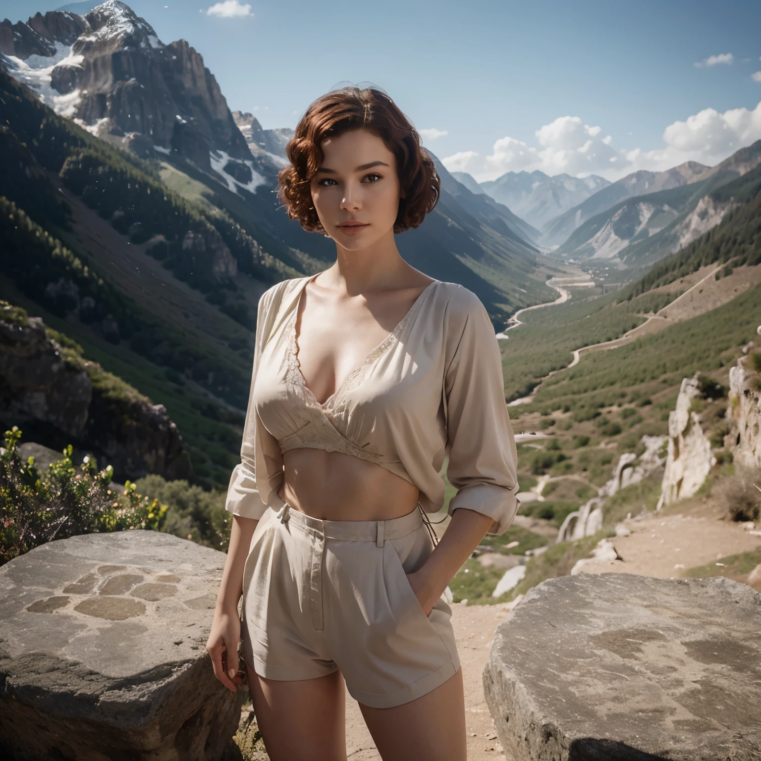 A very beautiful woman, similar to a young, slender Vivien Leigh, with short red curly hair, large beautiful harmonious eyes. A girl dressed in a light suit, a tourist, stands on a stone in the mountains. Ultra Detailed Photorealism, Cinematic Quality, Hasselblad X2D, Ultra Detailed, Photorealistic, Super Quality, Film, Photorealism, Ray Tracing, Smooth, Ultra High Definition, 8k, Award-Winning Photo, Ultra Detailed Photorealism