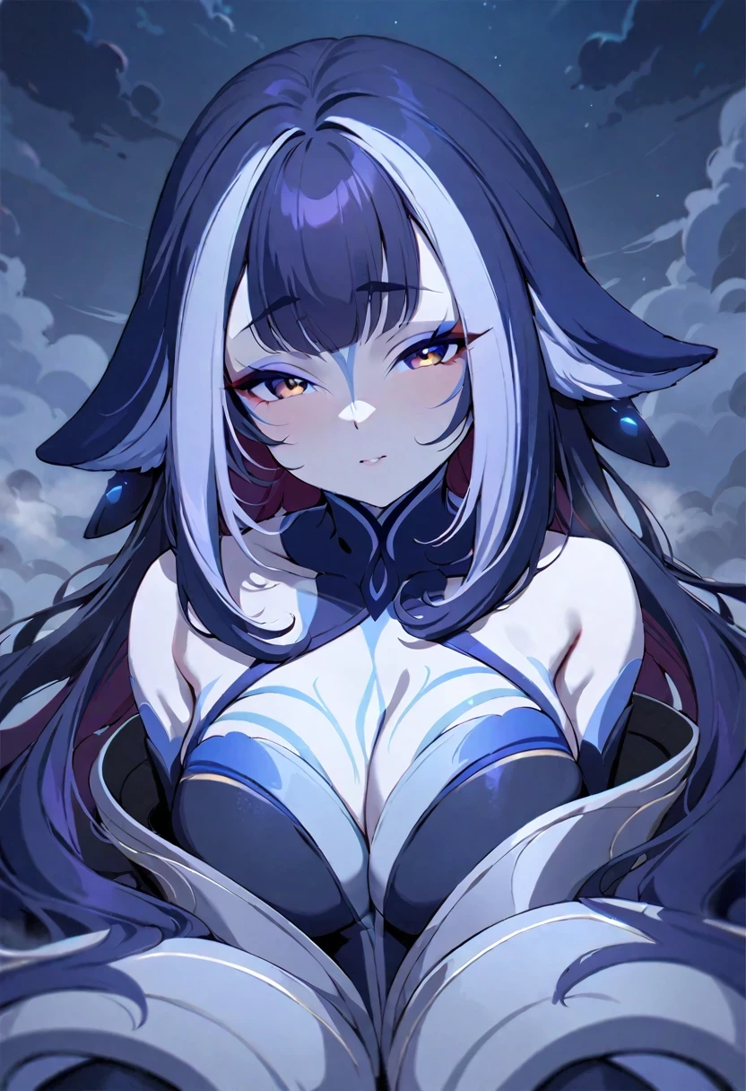 ((shylily)),(masterpiece:1.2),(best quality:1.2),(Masterpiece, Best quality, ultra high resolution),1girl,long hair,curly hair,(multicolored hair,green,blue,red),beautiful and detailed face, detailed eyes,cloudy sky,fog, night (grey theme)