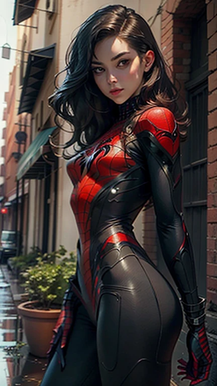 Beautiful woman detailed defined body using spider man cosplay, small breasts