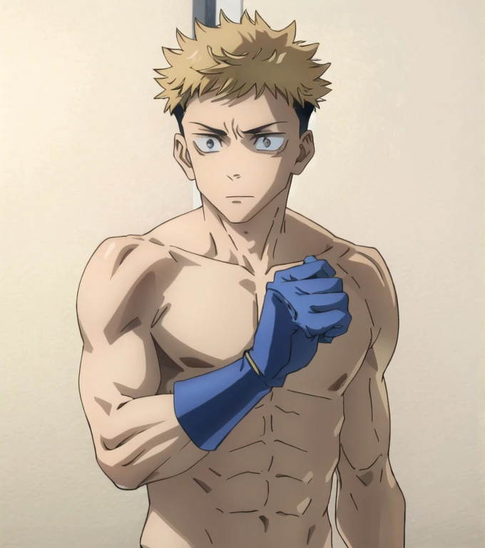 (Illustration, high resolution, best quality: 1.5, masterpiece, minimalist, simplistic detail, anime), solo: 2, fit male, adult male, upper body, half body portrait, shirtless: 2, boxer, boxing gloves, vox machina style, itadori yuji, blond: 1.5, shaded face, dark shade face, glowing eyes, 