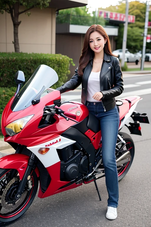 Sharp and clear image、Photo of a woman with long brown hair, wearing a Retro leather jacket、smile、Riding a Kawasaki 250 cc ninja motorbike, facing the viewer,
beautiful girl with full body, clean detailed face, casual wear, shining shadow, beautiful gradient, depth of field, beautiful picture, high quality, high resolution, high resolution, cute face, medium body, nice hips, chibuya city