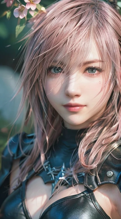 ArtStation Trends, Trending on cgsociety, Complex, Attention to detail, Sharp focus, 1 1.8, dramatic, Starry Sky, Lightning from Final Fantasy XIII, Lightning original Final Fantasy XII-2 costume, closed mouth smile,20-year-old, Mature, Photorealistic drawing art by Midjourney and Greg Rutkowski, sketch, masterpiece, highest quality, Short black hair, Very detailed, 1 Female, Half Body, 頭からbustまでの画像スコープ, Standing position, Detailed and beautiful eyes, Cute face, bust, big breasts, A beautiful and detailed face, (botanical illustration: 1.5), No pornographic exposure, Hair is pink