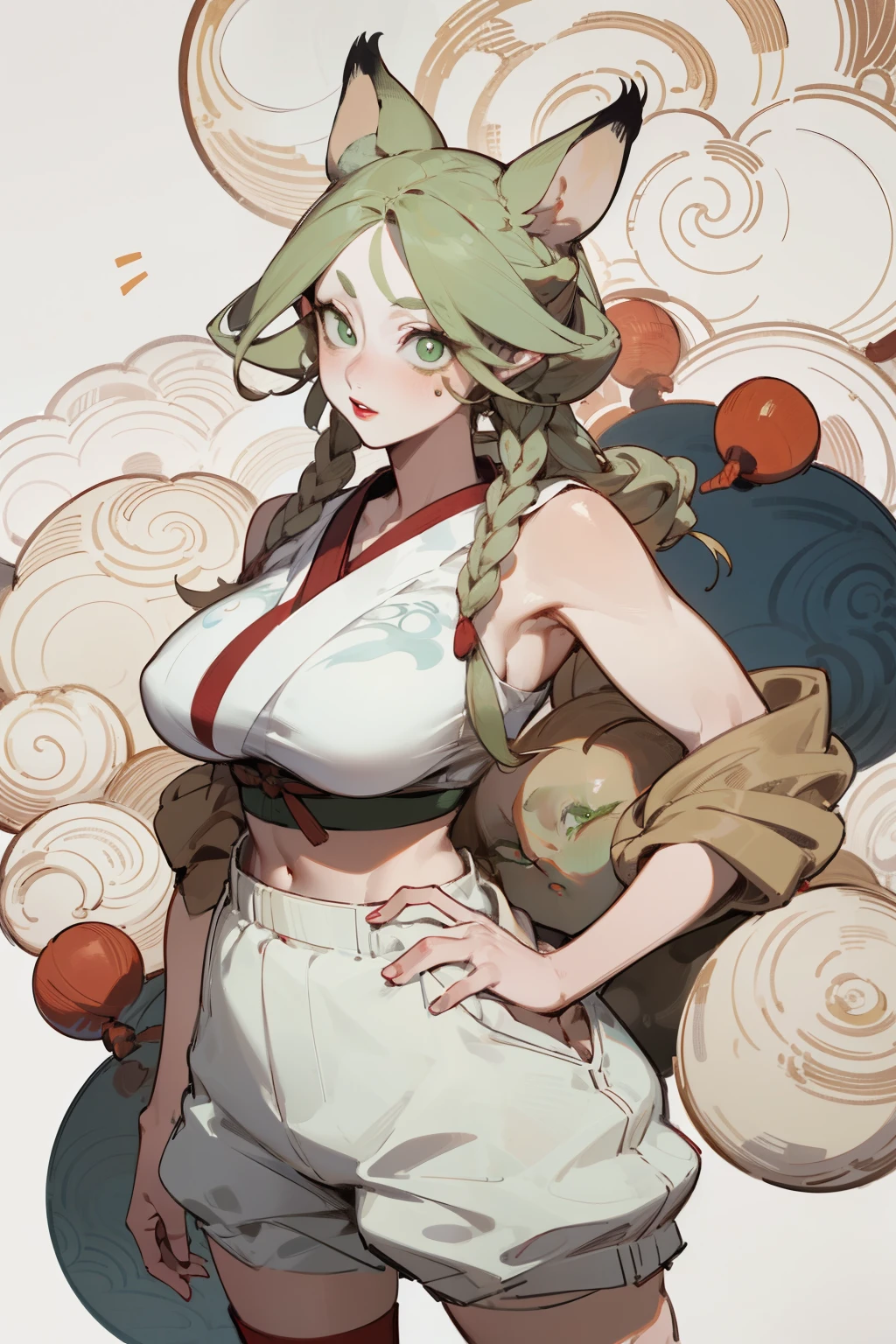 Upper body standing painting, Vision, panoramic, Honey, Solitary, Fair skin, (Fox ears), Exquisite eyes, Facial details, Green Eyes, Red Eyeshadow, lips are red，white shorts, careful, Fake laugh, Ukiyo-e, masterpiece, high quality, at the lowest limit, Tiny,White boots，Huge breasts