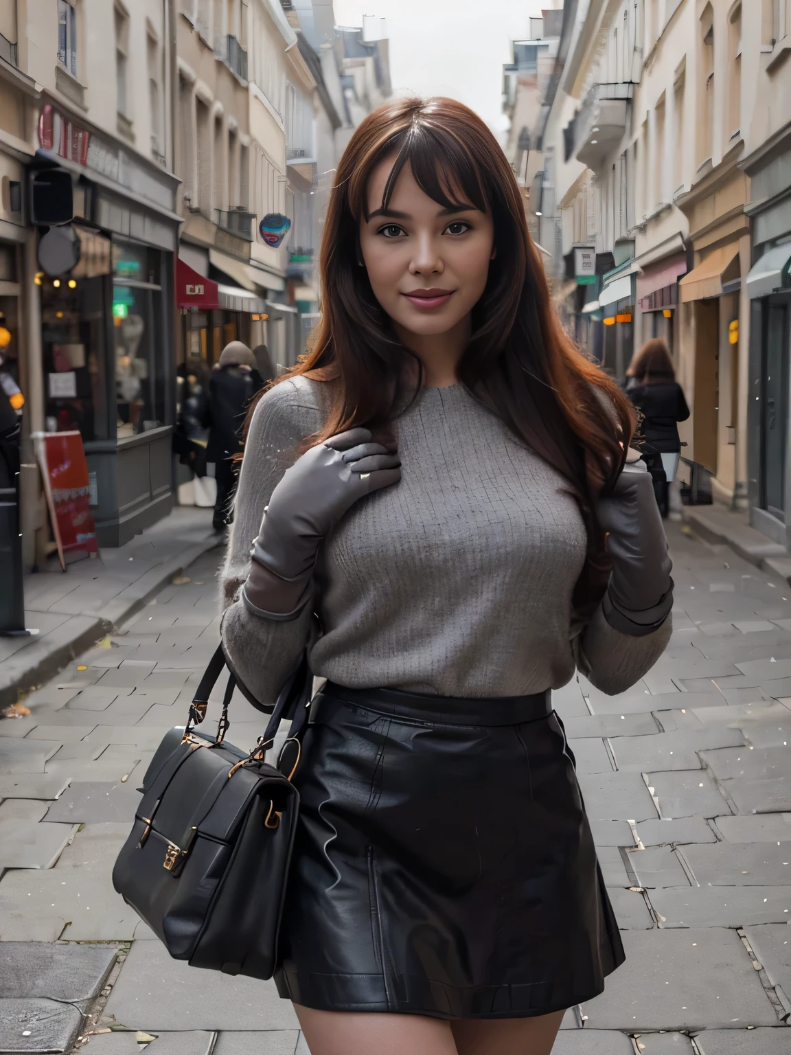 proFessional portrait photograph oF a smiling gorgeous Bettie Page girl in winter clothing with long wavy red hair, sultry Flirty look, gorgeous symmetrical Face, joli maquillage naturel, wearing elegant warm winter Fashion clothing, ((debout dehors dans une rue enneigée de la ville)), (( soft grey leather gloves )) (( grey skirt)) (( handbag on her shoulders)) superbe environnement urbain moderne, ultra realistic, art conceptuel, elegant, Very detailed, complexe, sharp Focus, depth oF Field, F/1. 8, 85mm, Coup moyen, midplane, (((proFessionally color graded))), bright soFt diFFused light, (volumetric Fog), tendance sur Instagram, hdr 4k, 8K