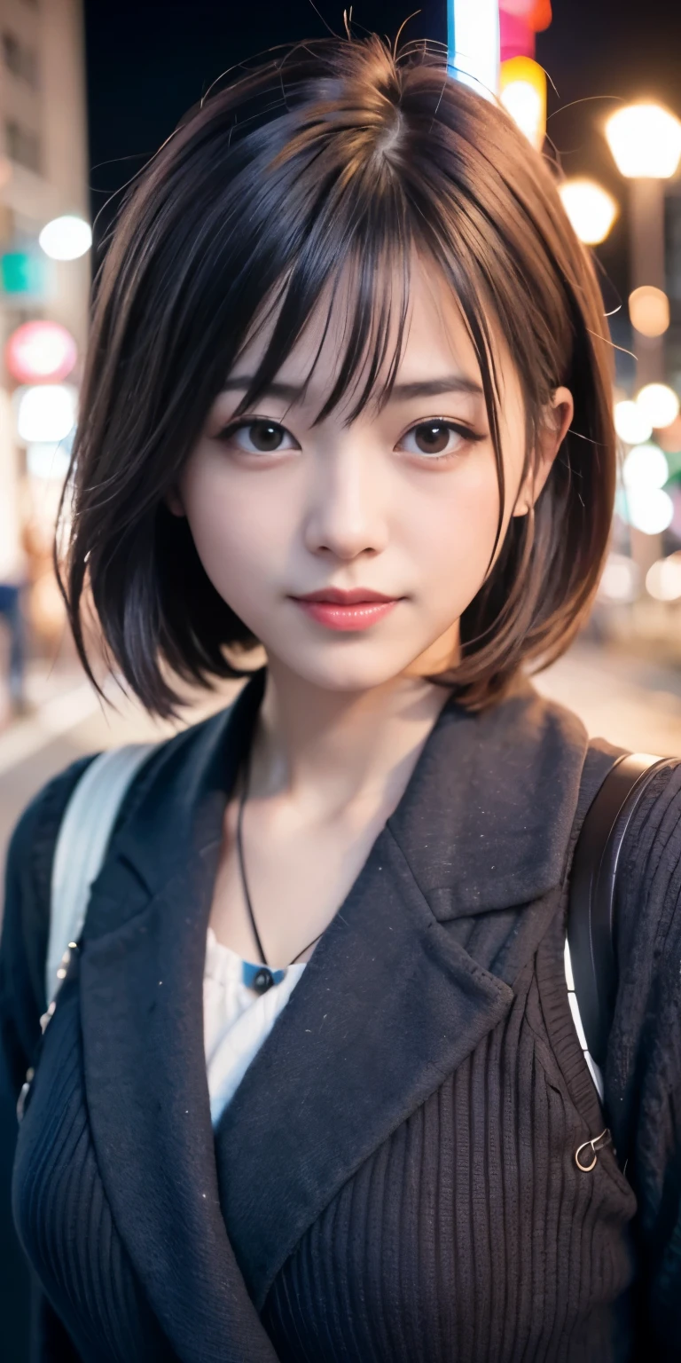 1 Girl, Tokyo Street,night, Streetscape,City lights,Upper Body,close,smile,, (8K, Raw photo, highest quality, masterpiece:1.2),(Realistic, photo-Realistic:1.37),