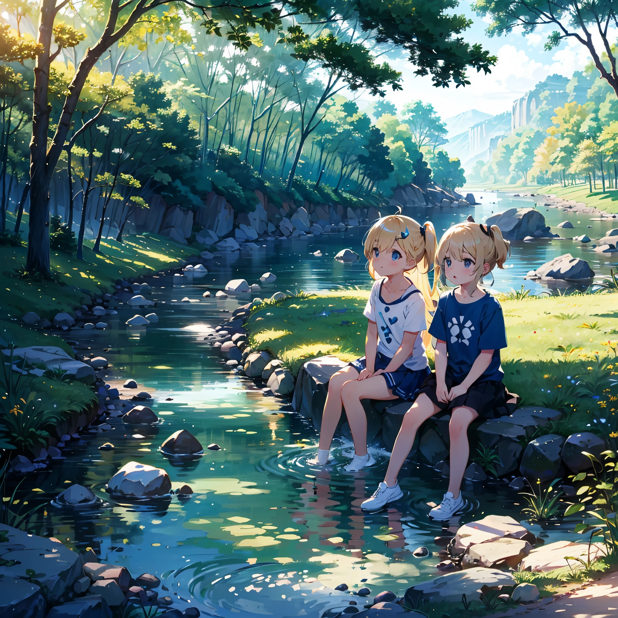 Lawn near the riverbed (fantastic atmosphere, fantastic), 3 girls (), casual clothes with very cute designs (cute, flashy hair ornaments, miniskirts)), sneakers, (short arms: 1 year old) half), round face, (child: 1 and a half years old), (baby face: 1 and a half years old)), fantastic atmosphere, small breasts, blonde hair, super long hair tied on the head (hair, surface) effect, color effect), Diffused light, girls sitting and relaxing on the slope of the riverbed, boys playing on the riverbed lora:deltamon_SDXL:0.73>Deltamon