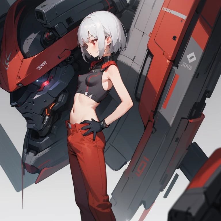 ((highest quality)), ((masterpiece)), (Become familiar with),  1 girl, alone, Silver Hair,Brown Skin,Red eyes,Long trousers,Red sleeveless,Clothes with a visible back, thin,thin,short hair,Small breasts, Erect nipples, gloves, cyber punk,SF