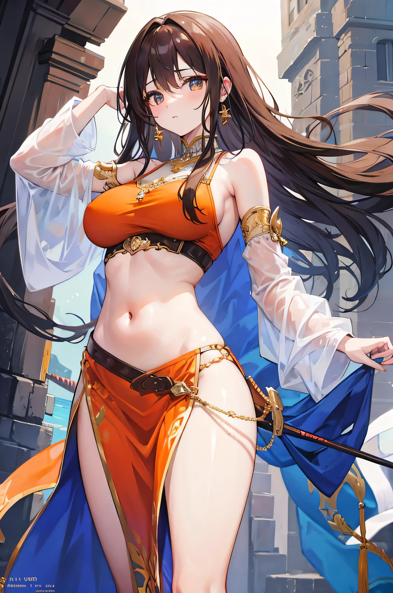 4k,High resolution,One Woman,brown hair,long hair,Huge ,Dancer,Orange Arabian Dancer Dress,Belly button,Jewelry decoration,Long sword,Medieval castle town