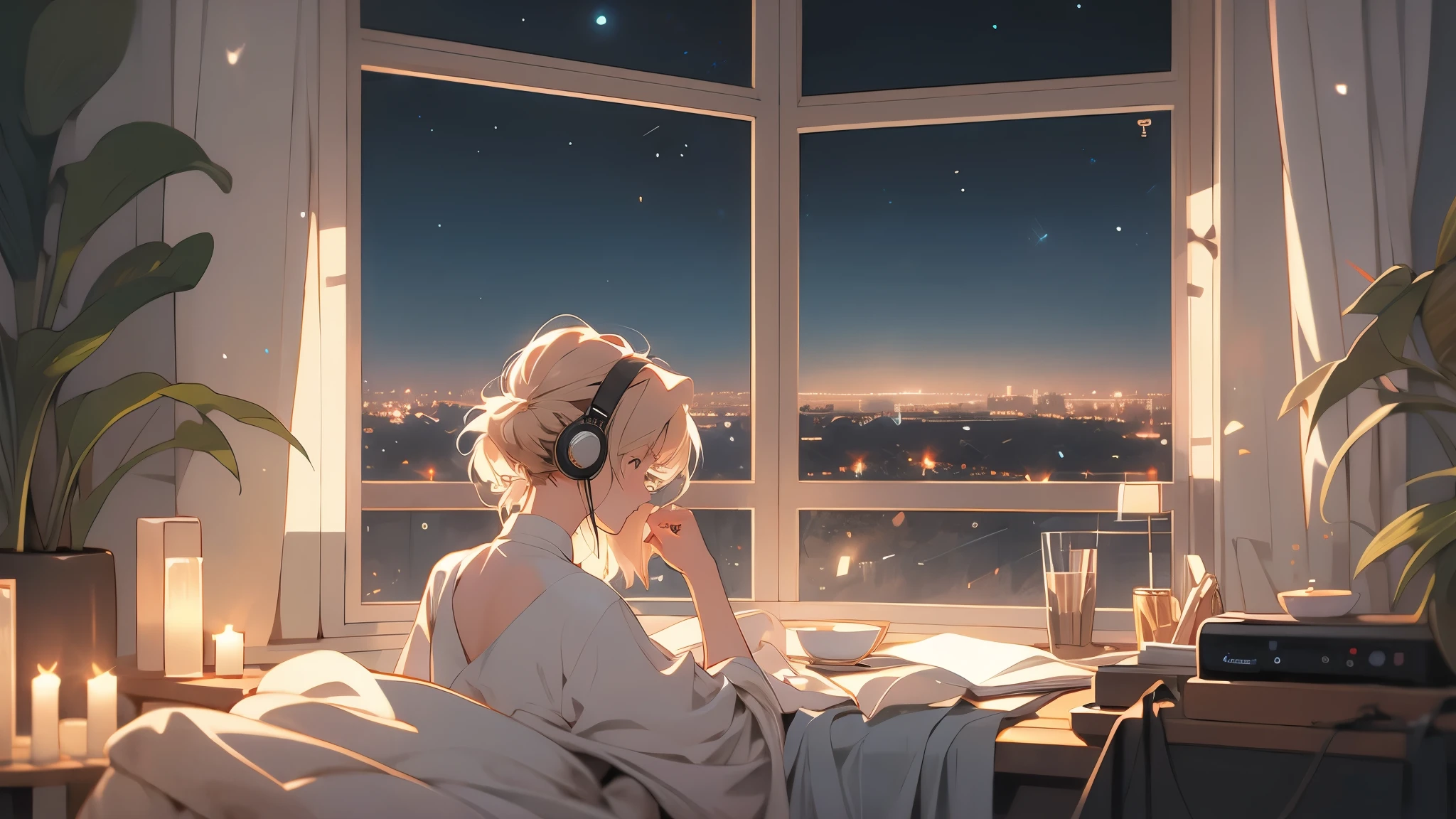 (From the back), On the bed in the bedroom of a tower apartment(night),big glass window,Girl working on a laptop, On the roof, (beautiful night views from windows), White feminine Scandinavian interior,Foliage plant,Decorated with flowers,2D Anime Style, The aesthetics of anime in the 90s, Lo-Fi, Very detailed, hard disk, A mix of anime style and Fujifilm, Surreal, 8k, masterpiece,Gently flickering candles,Starry Sky,fireplace,Listening to music through headphones