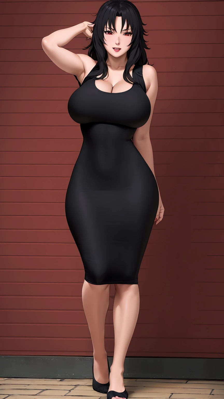 masterpiece, best quality, extremely detail 8k cg, high resolution, 1girl, kurenai yuhi, black hair, red eyes, slim body, huge breasts, bursting breasts, black tee shirt dress, sleeveless, cleavage, seductive face, outdoors, garden, beautiful face, full shot photo, full body