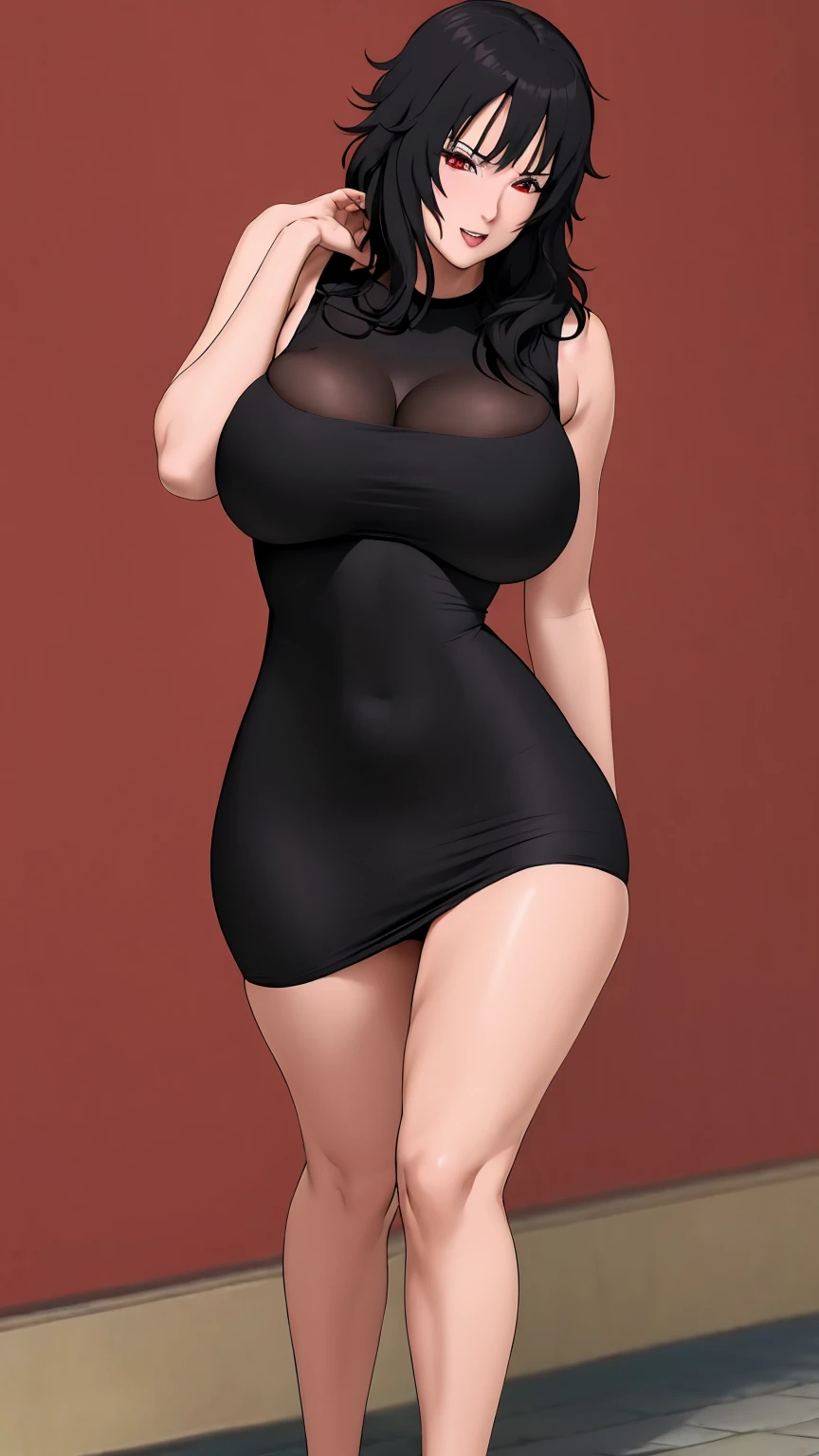 masterpiece, best quality, extremely detail 8k cg, high resolution, 1girl, kurenai yuhi, black hair, red eyes, slim body, huge breasts, bursting breasts, black tee shirt dress, sleeveless, cleavage, seductive face, outdoors, garden, beautiful face, full shot photo, full body