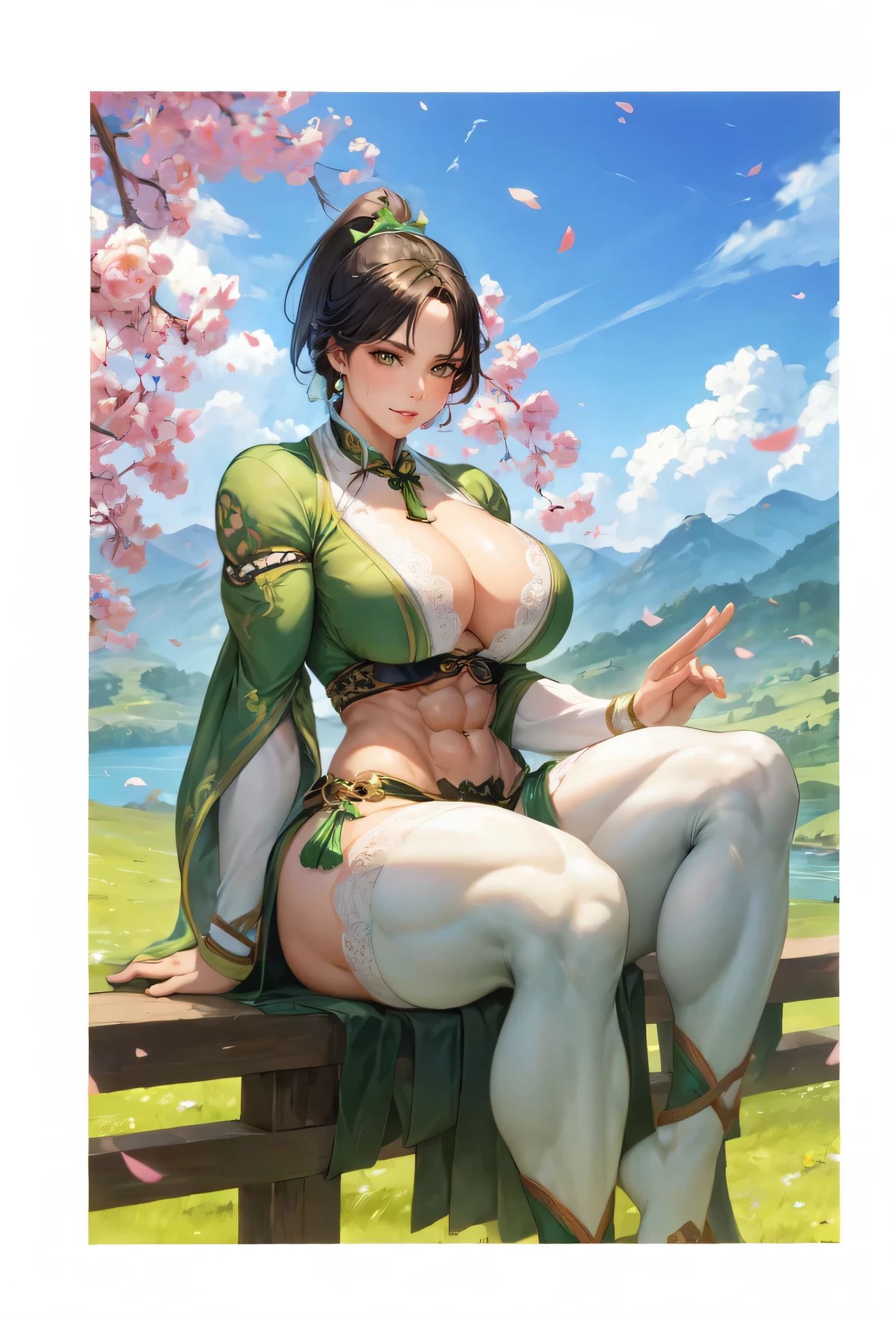 ,girl,beautiful face, muscular female, alternate muscle size,black hair,green hanfu,muscular thighs,spring,muscular ,biceps,white lace trim legwear,abs