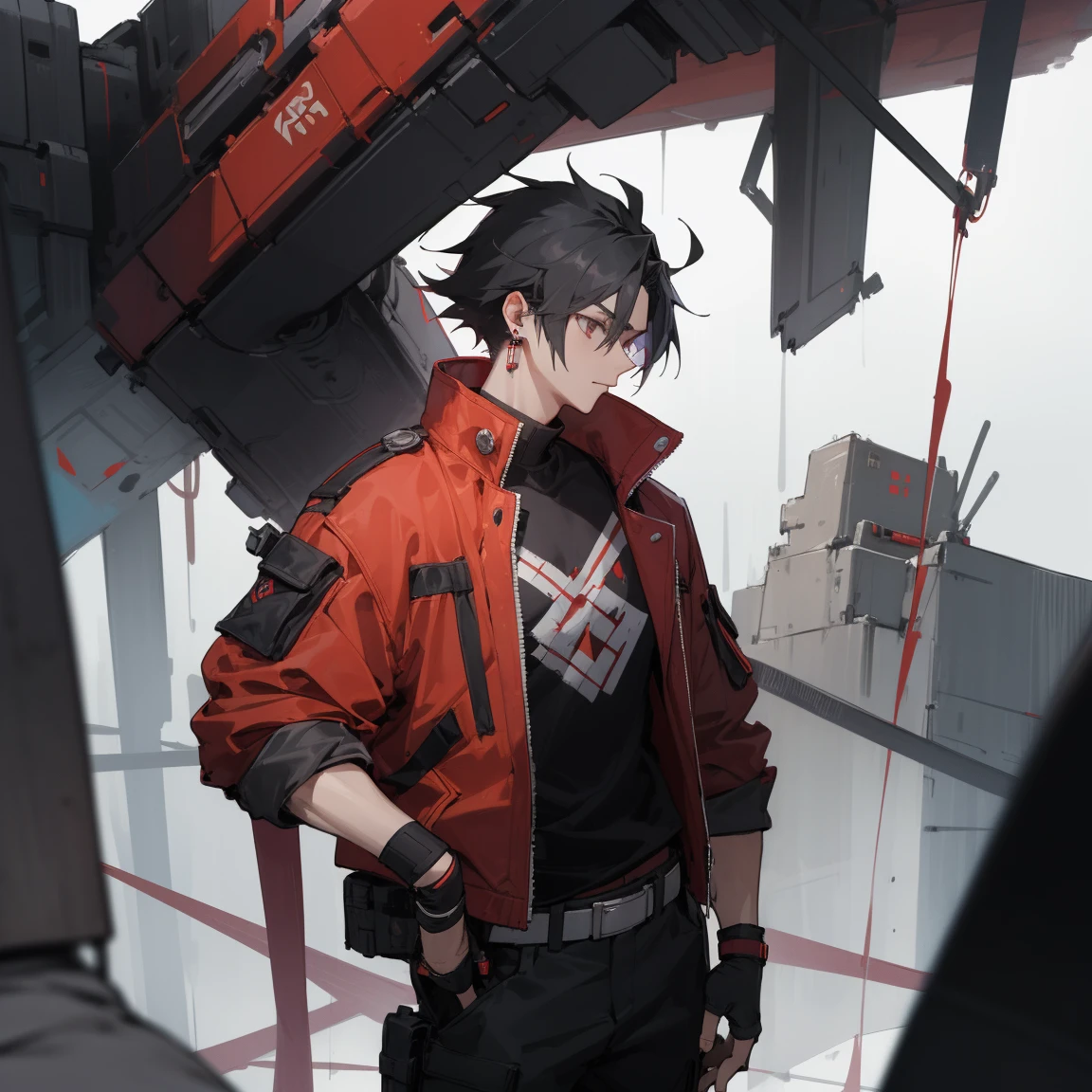 ((highest quality)), ((masterpiece)), (be familiar with), 1 male, alone, Black Hair,Spiky Hair,cargo pants,Red jacket,Black Shirt,Large size,Fingerless Gloves, cyber punk,SF,Pistol,Earrings