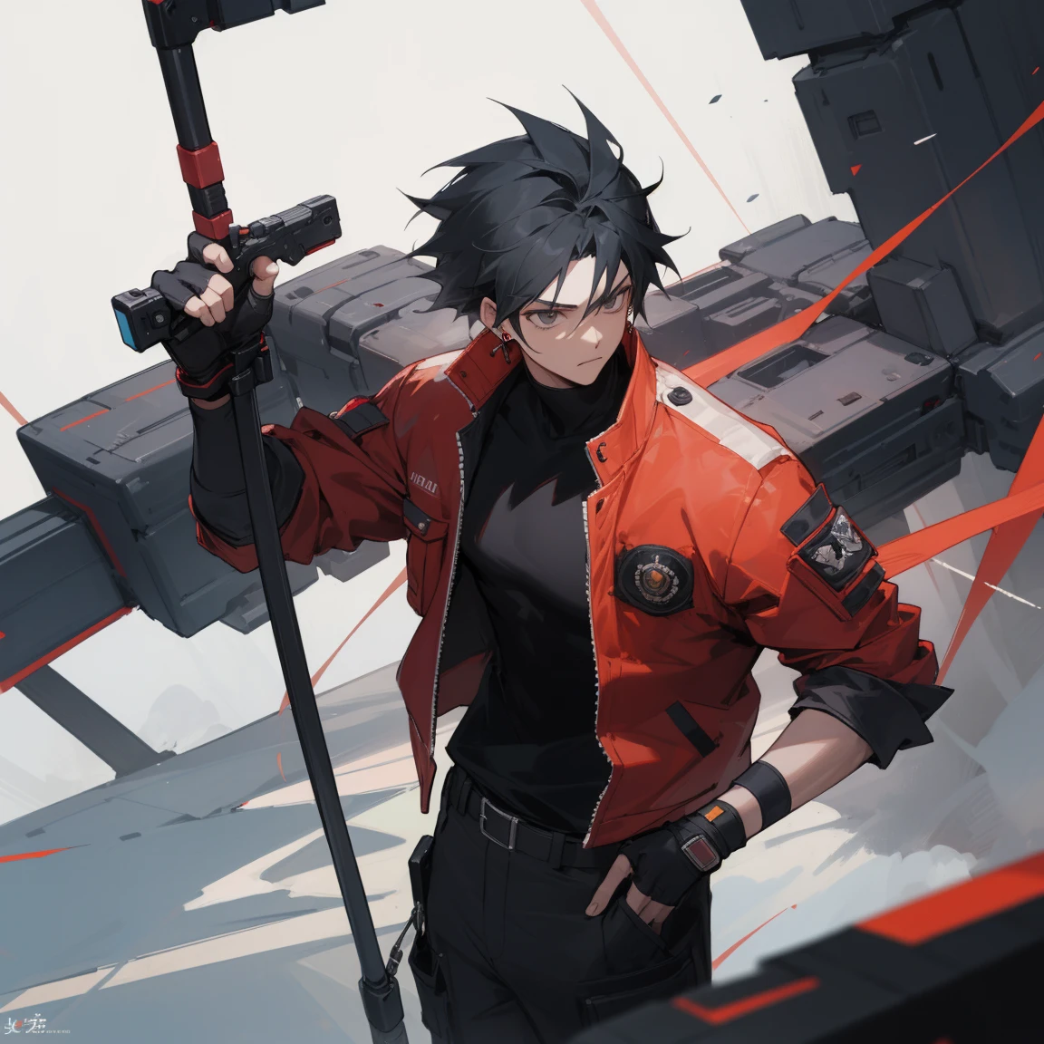 ((highest quality)), ((masterpiece)), (be familiar with), 1 male, alone, Black Hair,Spiky Hair,cargo pants,Red jacket,Black Shirt,Large size,Fingerless Gloves, cyber punk,SF,Pistol,Earrings