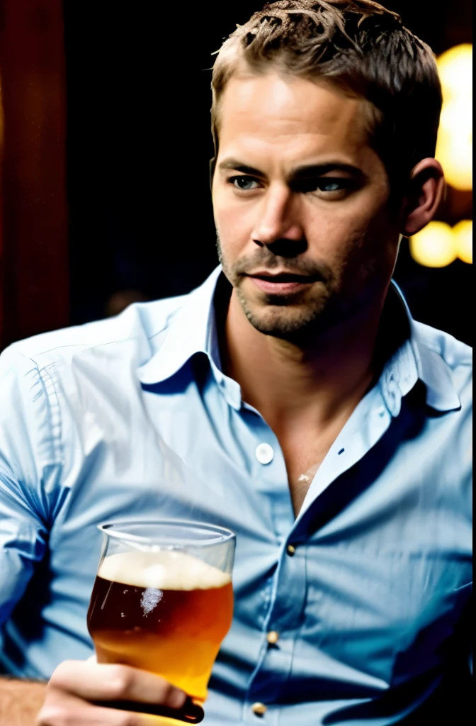 paul walker tomando una cerveza , sentado en un bar , con camisa a cuadros