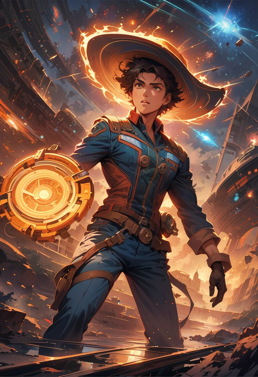 (masterpiece, professional work), Cowboy shooting, Spike Spiegel, Men's space cowboy, Dessert with space battleship as background, Cowboy hat, Center, Dynamic poses, anime style, key point, Dynamic Lighting, Ultra Detailed, Wheels within wheels, (Epic creation, epic proportions), 2d illustration, Thrilling, panoramic, Movie, (Intergalactic denim style:1.2),