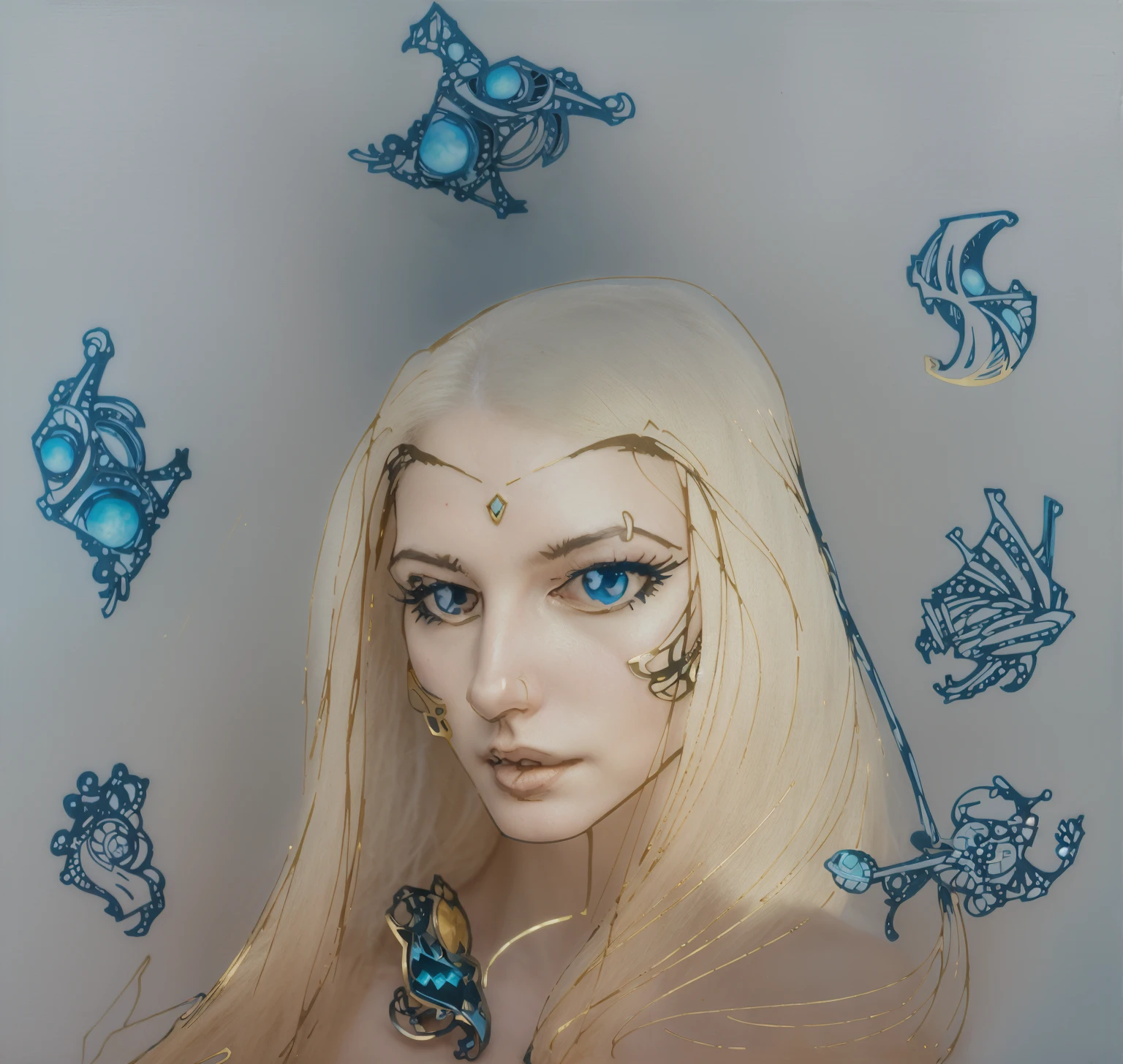 masterpiece woman with long hair and jewelry, portrait of destiny from sandman, inspired by katsuya terada, in a mixed style of æon flux, perfect painting, cyborg goddess in cosmos, complex fantasy character, knights of zodiac girl, inspired by Arthur Adams, gold trinkets floating in blue sky