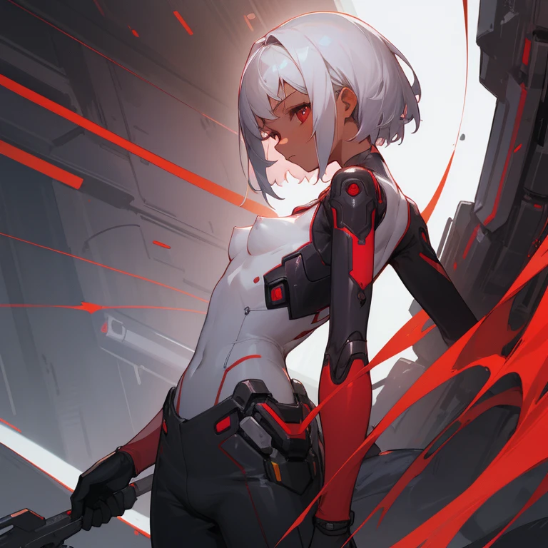 ((highest quality)), ((masterpiece)), (Become familiar with), 1 girl, alone, Silver Hair,Brown Skin,Red eyes,Long trousers,red sleeveless,Clothes with a visible back, thin,thin,short hair,Small breasts, Erect nipples, gloves, cyber punk,SF