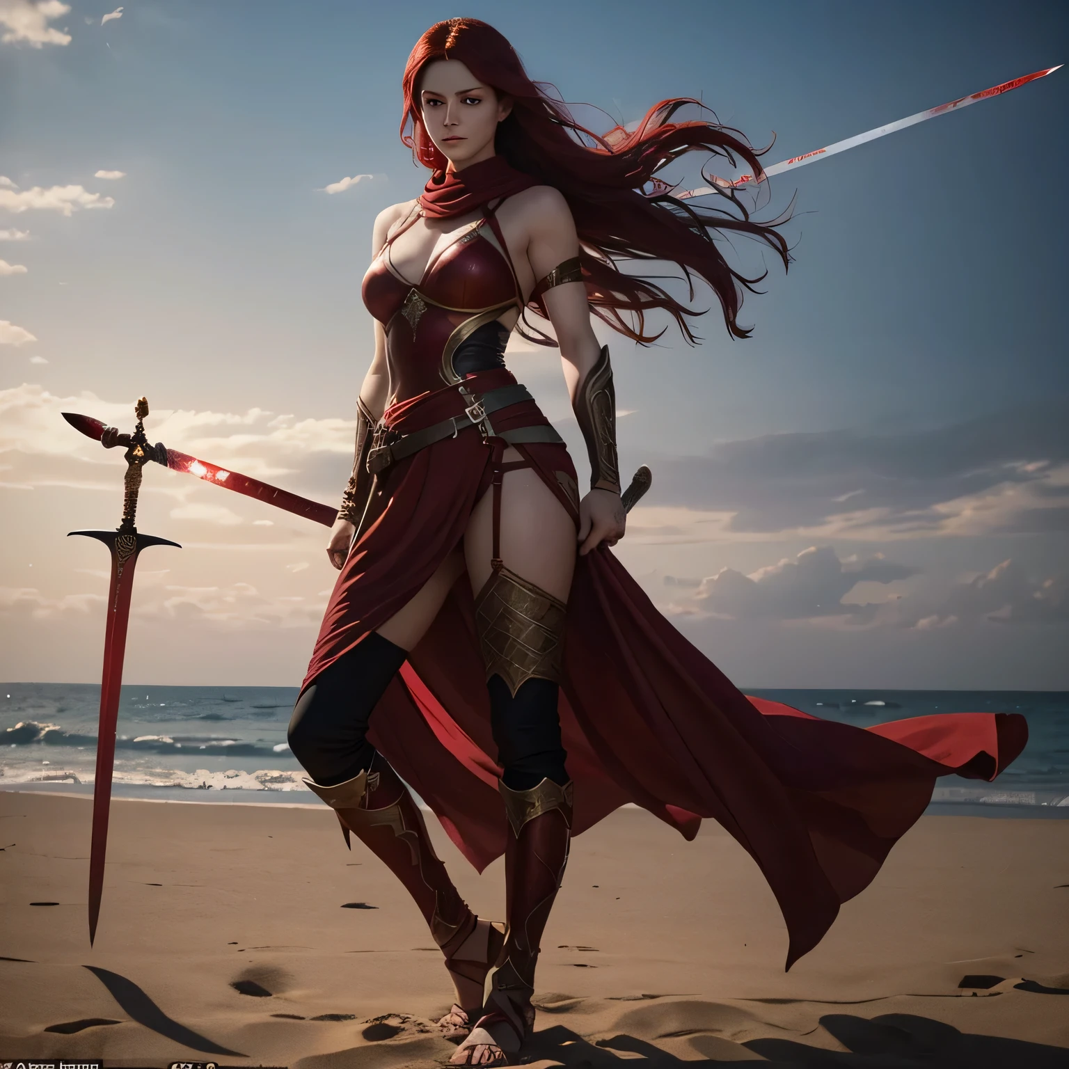 Tonya Redmane, (wavy red hair), (rear view), (full body), muscular, (), sword, fun, relaxing on a deserted rocky beach, dramatic lighting, (depth of field), ((masterpiece)), ((best quality)), ((highly detailed))