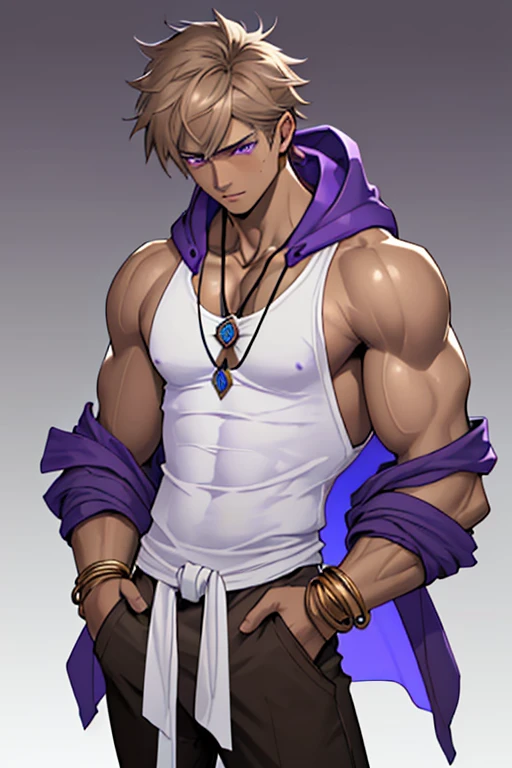 young man, white skin, defined body.  Handsome. Light brown hair, clear purple eyes, masculine, Soft toned, hairless muscles, black hooded tank top, Tibetan bracelet, lapiz lazuli stone pendant, hands in pockets, looking up, Little light, purple light, Ultra definition, HD,  full color, 