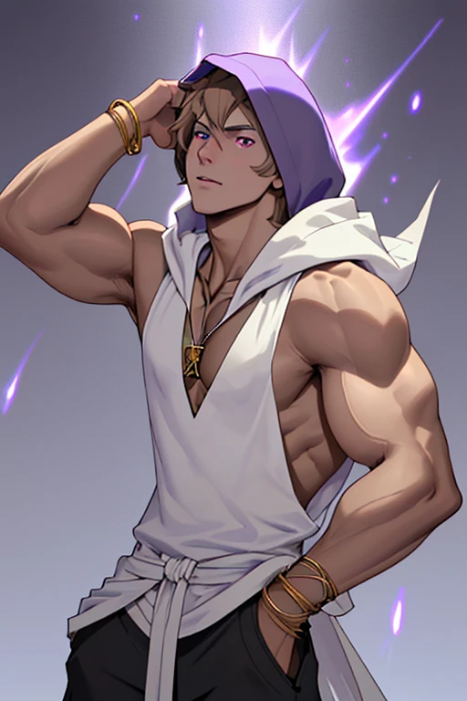 high detailed 1boy male, white_hair (short_hair) smiling_face, blue_eyes, arm_tattoo tatoo, (tan:1.8), chain_necklace, open_vest vest, abs, belt_pounch, monk sailor, simple_background, (fantasy:1.5), male_focus cowboy_shot solo, final fantasy tactics, jrpg, (dragon ball:0.6), vox machina style, by Jim Lee