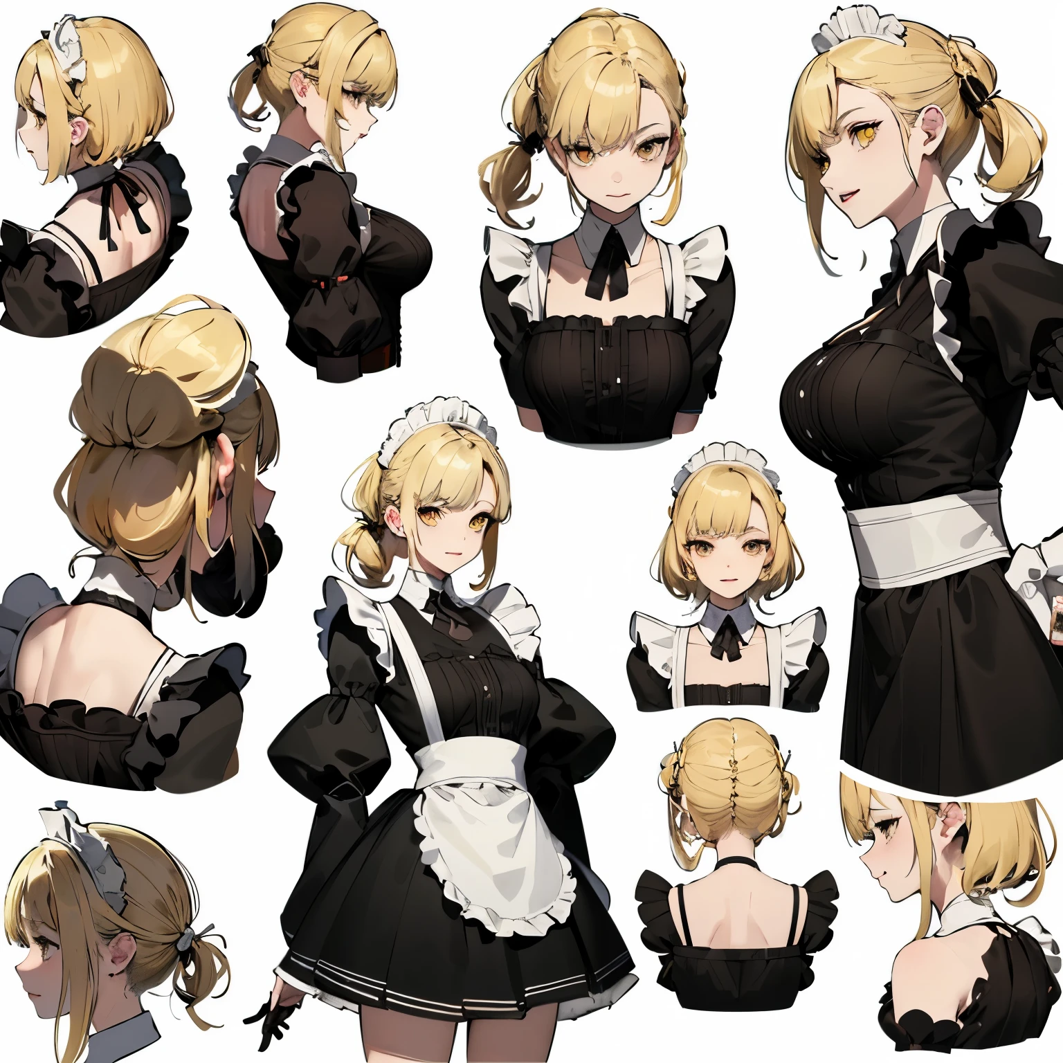 (masterpiece, 8K, highest quality, Very detailed, 1 mature woman), (Consistent personality, Same character), (Blonde Hair, Yellow Eyes), (Very detailed顔と肌の質感, Fine grain), Wicked Smile, big breasts, alone, (Maid), White Background, Bare shoulders, Captivating smile, (Multiple Views, multiple angles), Side view, Front view, look up, Looking down, Rear view, 20-degree head view