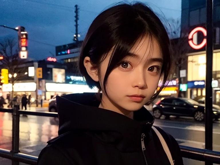 Realistic, 8k, Beautiful woman, Attractive look, Clear system, short hair, okappa, 20-year-old, Tokyo, winter, Shibuya in the background