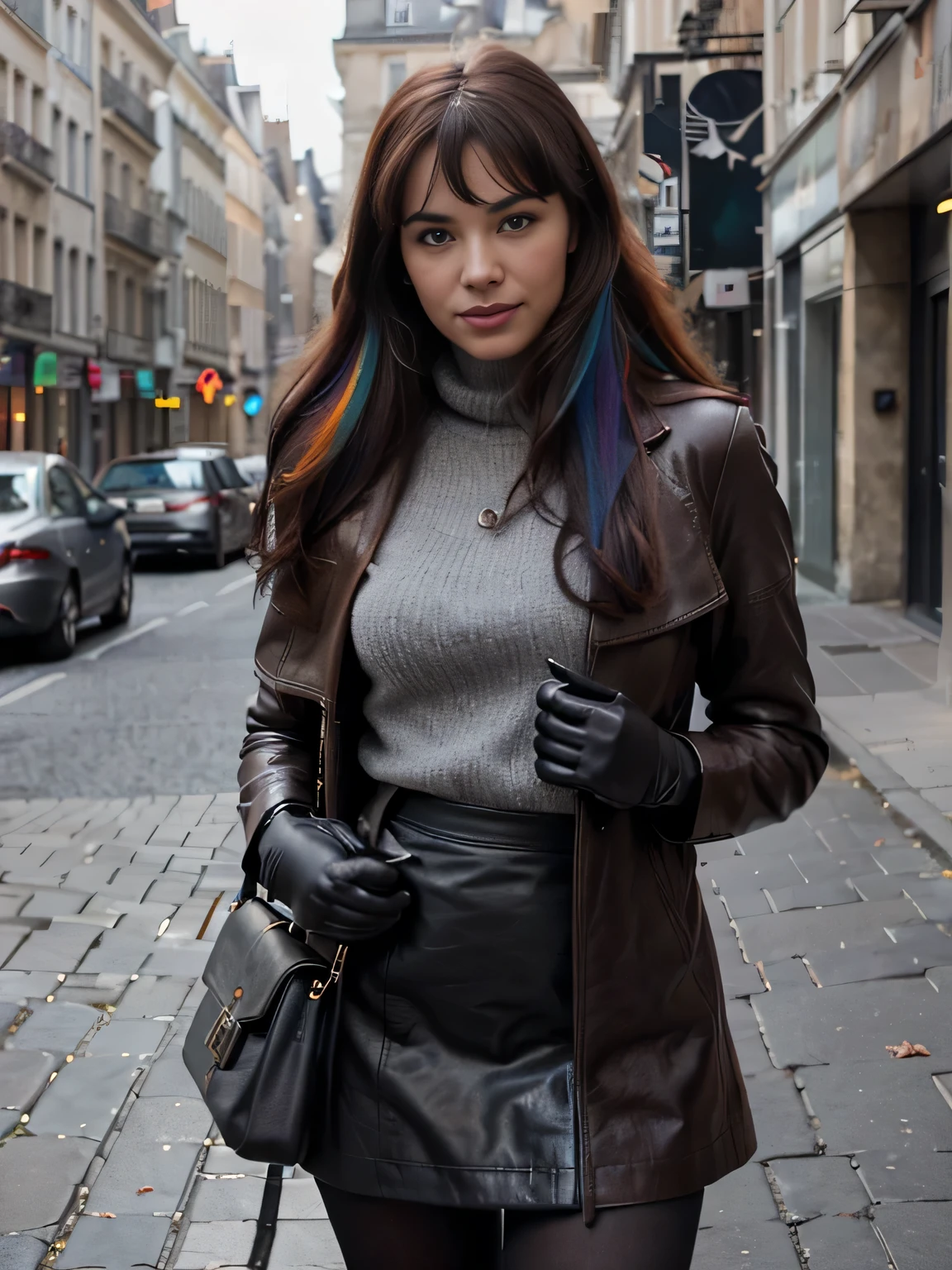 proFessional portrait photograph oF a smiling gorgeous Bettie Page girl in winter clothing with long wavy red hair, sultry Flirty look, gorgeous symmetrical Face, joli maquillage naturel, flirting with the camera,wearing elegant warm winter Fashion clothing, ((debout dehors dans une rue enneigée de la ville)), (( soft grey leather gloves ))  (( grey skirt)) (( handbag on her shoulders)) (( black leather long coat)) superbe environnement urbain moderne, ultra realistic, art conceptuel, elegant, Very detailed, complexe, sharp Focus, depth oF Field, F/1. 8, 85mm, Coup moyen, midplane, (((proFessionally color graded))), bright soFt diFFused light, (volumetric Fog), tendance sur Instagram, hdr 4k, 8K